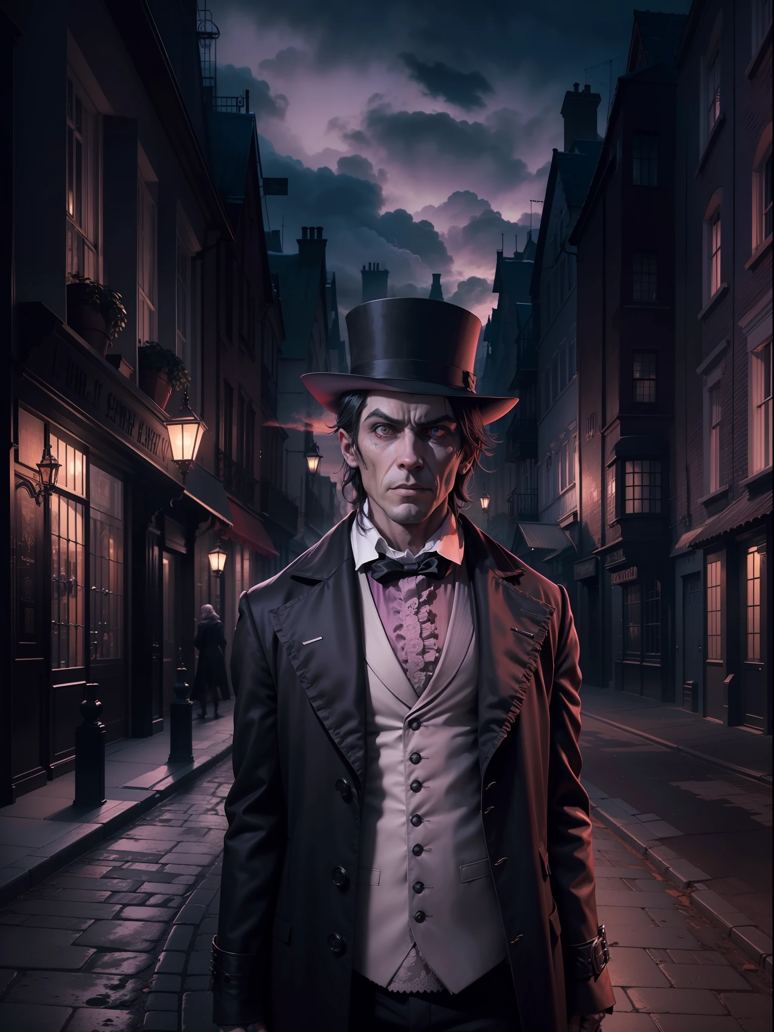 A sinister and stunning scenery, lua cheia, Londres vitoriana street, de noite, Mr. Hyde (Strange Case of Dr Jekyll and Mr Hyde), corpo inteiro, anatomia perfeita, perfect composition, cena de terror assustadora, nevoeiro, cores pasteis, 4k