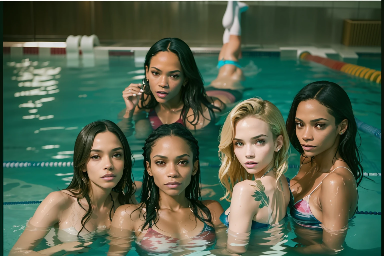 (Photo of 5 women in the pool), (Ruby Rose), (Zoë Saldana), (Jenna Ortega), (emma roberts), (Freida Pinto)