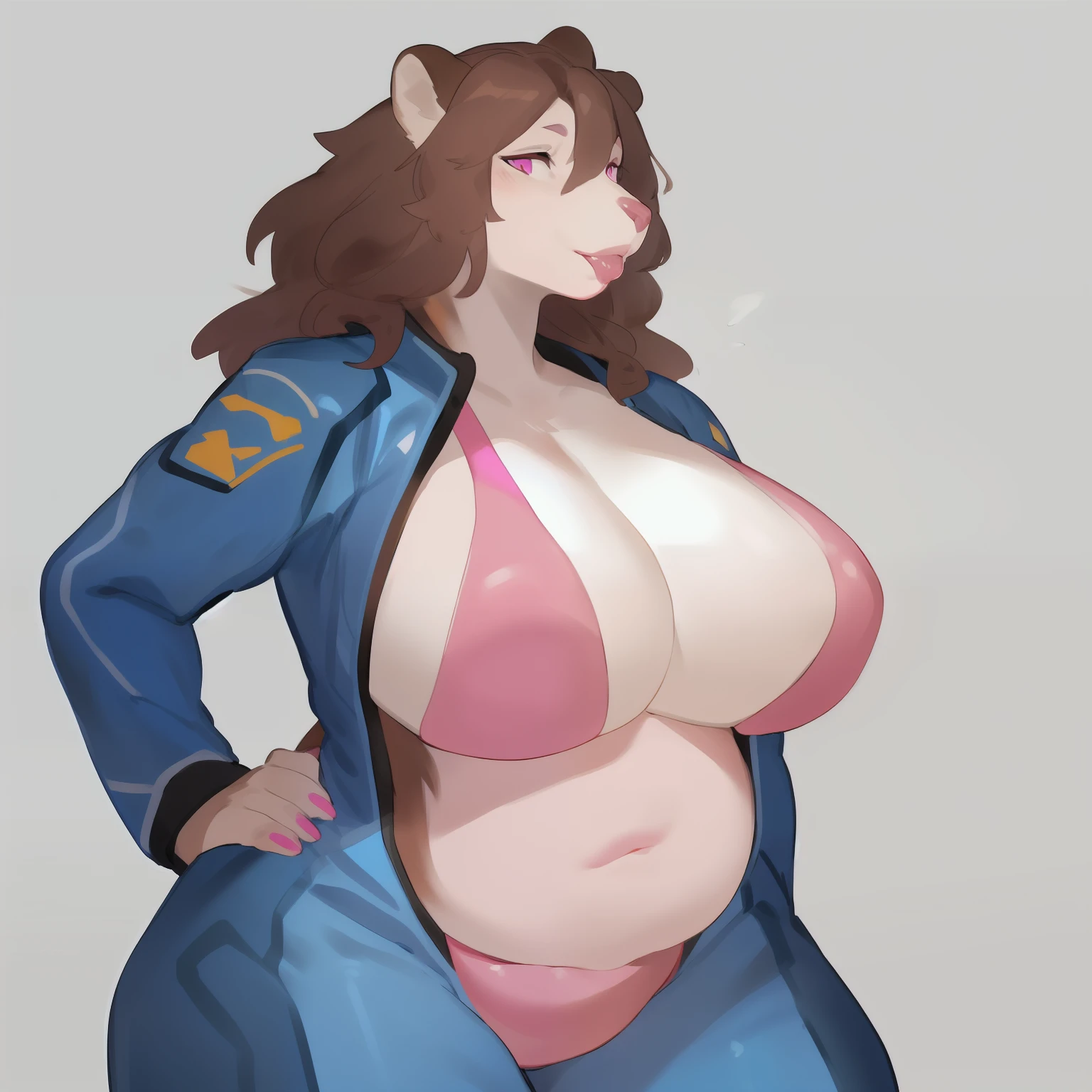 Solo, standing, female, slightly chubby, wide hips, big breasts, grizzly bear, (((pink lips, pink lipstick, pink lip gloss))), pink eyes, brown hair, wavy hair, blue military spacesuit, By bebebebebe, by buta99, by chunie, by sonsasu, by danza, hands behind back