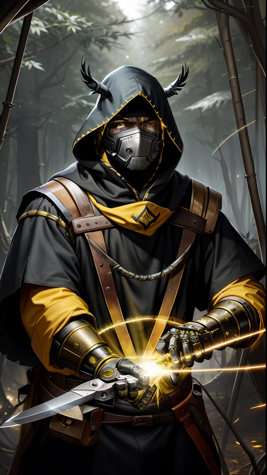 Blacksmith man with heavy and huge scissors with state-of-the-art technology, He is dressed in a thicket of yellow hood、、The edges of the lobes are lattice, His eyes are robotic, His mouth mask, Best Quality, Hyper-Realism, Details