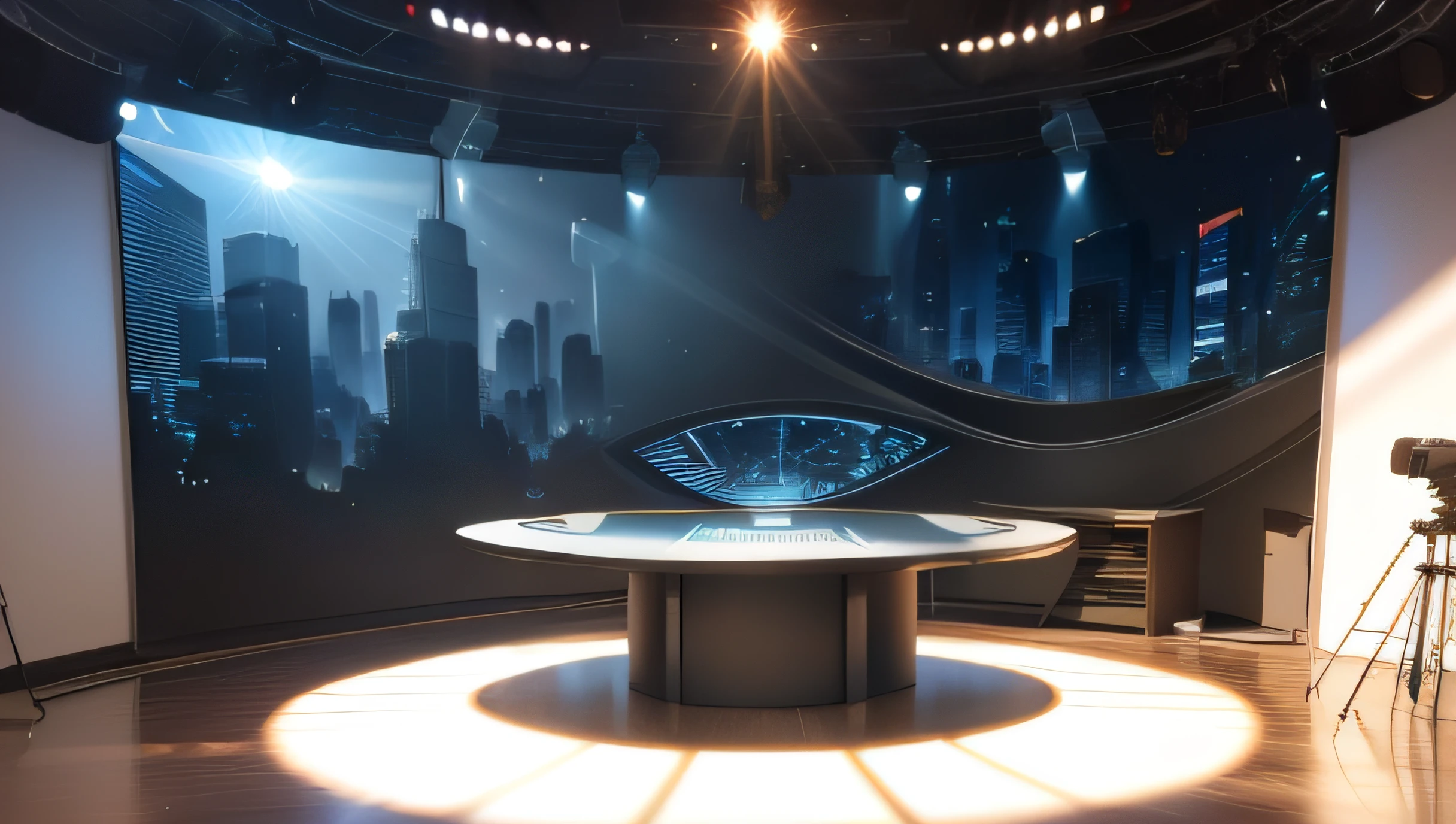 futuristic journalistic studio with a large table in the center, light in the studio, motion light in the backdrop, city, motion light in the television, with sunlight at the morning, of the image that hides the waist down part of the presented modern 8k best quality realistic masterpiece