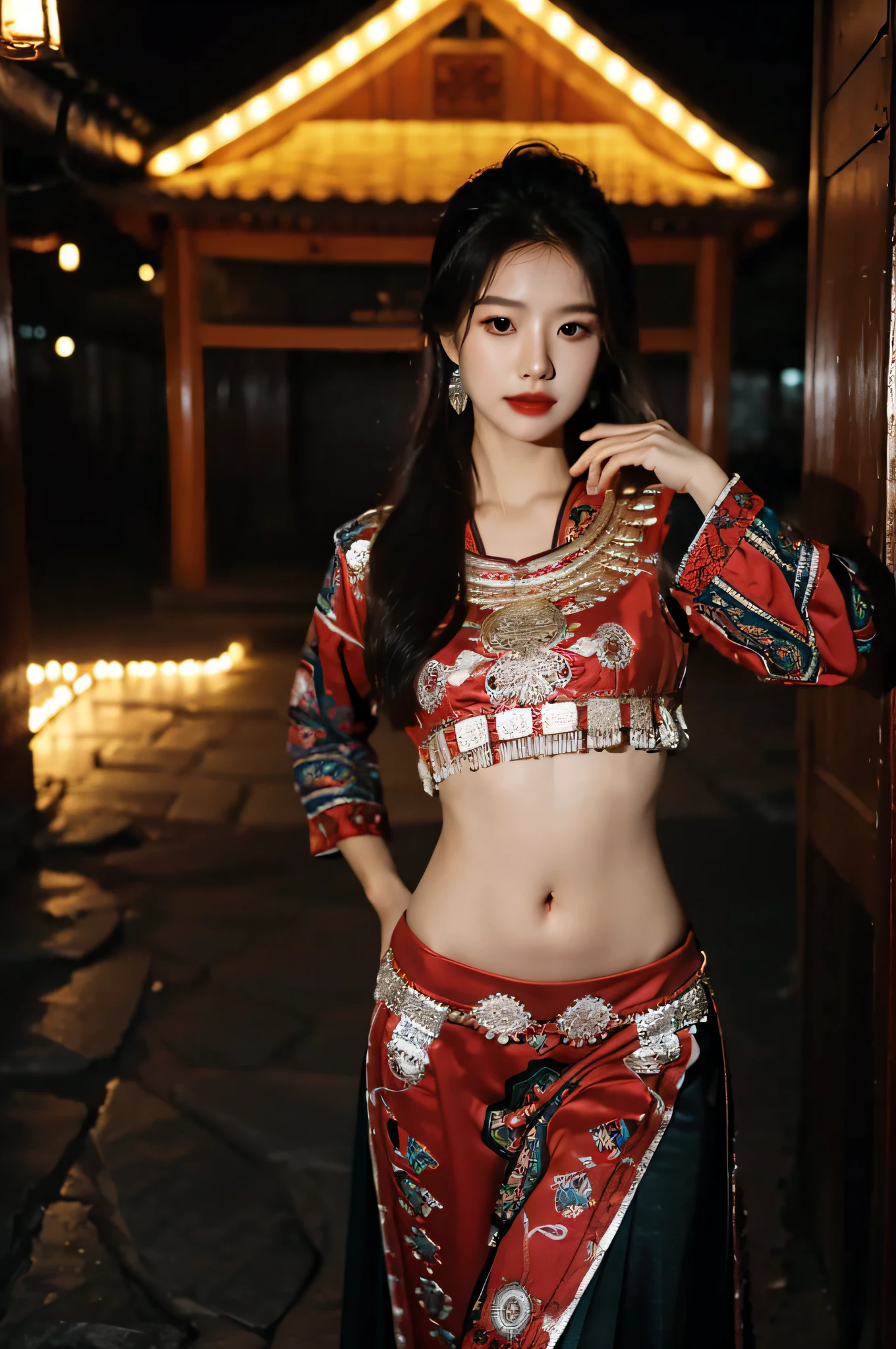 （Hyperrealistic,）4K,35mm，hyper-high detail, Professional lighting, Best quality, 超高分辨率, Visually stunning, (1girll:1.1), （Hmong clothing ）,realskin,（Perfect body 1.3）（Ultra-delicate face），Open navel