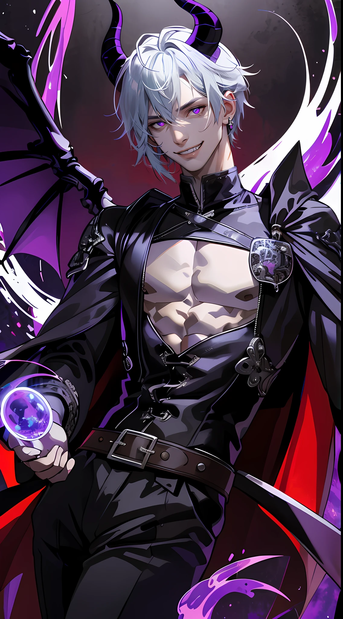 (tmasterpiece,high resolution,ultra - detailed:1.0),(1 boy,Young male:1.3),(Perfect male body:1.3),(Male incubus),adult male, (Expose the chest), musculi thoracis, Delicate eyes and delicate face,Half-closed eyes,Extremely detailed CG,Unity 8k wallpaper,Complicated details,ssmile,Toothy smile,evil grin smile,Demon's horns,Face away from the light source,purpleglowing eyes eyes,Demon's wings,(A seductive smile), solo person, full bodyesbian, Detailed background, Detailed face, (Medieval Gothic theme:1.1), Dynamic pose, (Sexy menswear, sexy leather clothes, Gothic style clothing),jewellery,medieval clothing, dark castle,Castle background,a medieval castle,sportrait