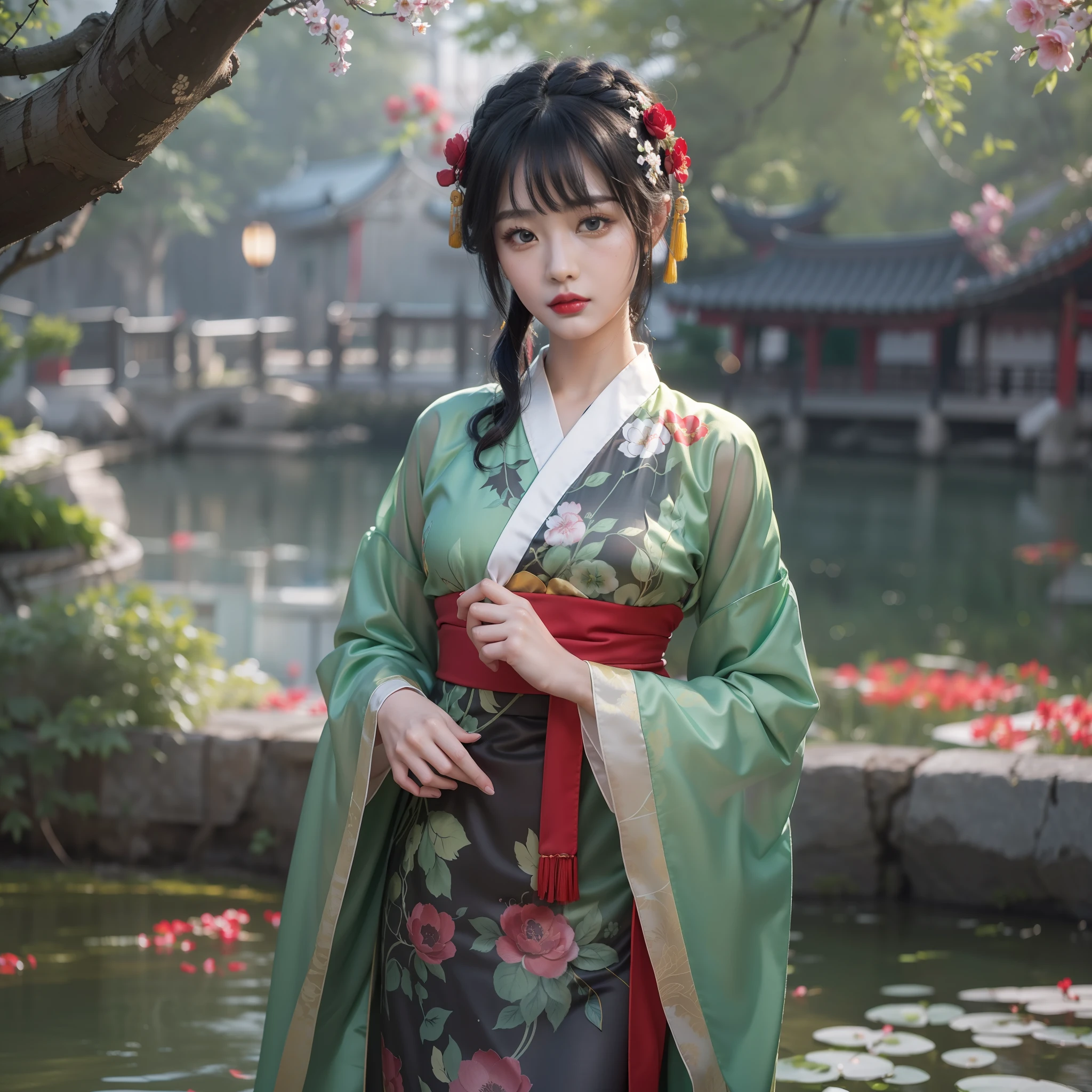 (hanfu),(chinese clothes),((floral print)),((red magnificent print long sleeves)),((green print see-through dress)),1 girl,full body,(short hair),(realistic:1.7),((best quality)),absurdres,(ultra high res),(photorealistic:1.6),photorealistic,octane render,(hyperrealistic:1.2), (photorealistic face:1.2), (8k), (4k), (Masterpiece),(realistic skin texture), (illustration, cinematic lighting,wallpaper),( beautiful eyes:1.2),((((perfect face)))),(cute),(standing),(black hair),black eyes,red lips, outdoors,(chinese style countryard),(pond),