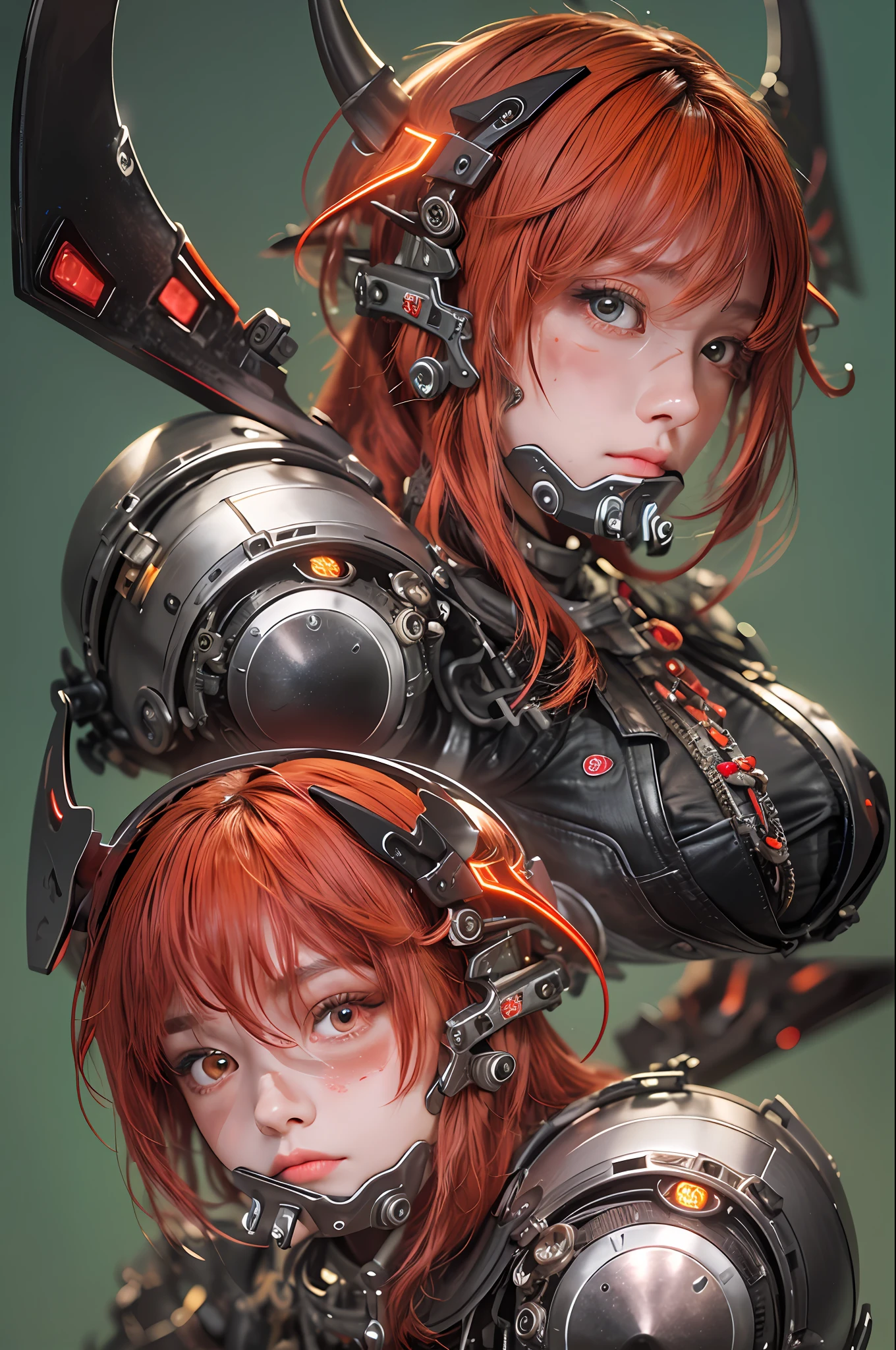 top-quality、masterpiece、超A high resolution、(Photorealsitic:1.4)、Raw photo、1人、red hairs、glowy skin、1 Machine Devil、large metal wings、Metal horn、((super realistic details))、portlate、globalillumination、Shadow、octan render、8K、ultrasharp、Colossal tits、Raw skin is exposed in cleavage、Black fiberglass body、Details of intricate gilded ornaments、Sumerian details、About Cyberpunk、Glowing LEDs、IC chips、Data Links、Hydraulic cylinder、highly intricate detail、Realistic light、Red Eyes、radiant eyes、Facing the camera、neon details、Mechanical limbs、blood vessels connected to tubes、Mechanical vertebrae attached to the back、mechanical cervical attaching to neck、cowboy shot、Wires and cables connecting to the head、Luminous tube、Small LED lamp、Orange Character Catch Light、