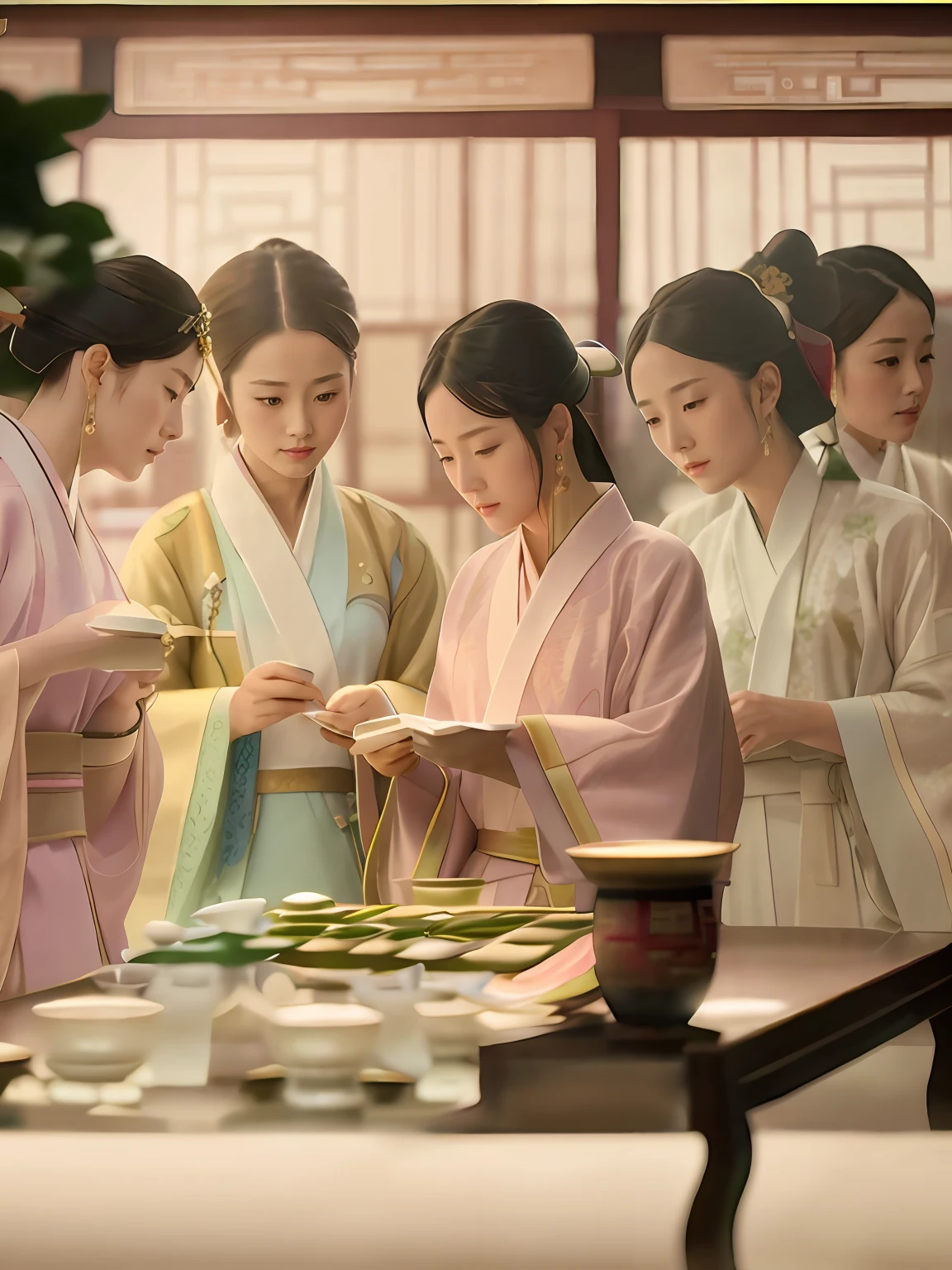 Several women in kimonos stood at the table looking at their phones, Wearing ancient Chinese clothes, They are gorgeously dressed,Dress up exquisitely,fantasy movie still, still from live action movie, Still from the movie, Palace , A girl in Hanfu, inspired by Gu An, Hanfu, live-action movie scenes, highlight scene of the movie, tea ceremony scene, Wuxia