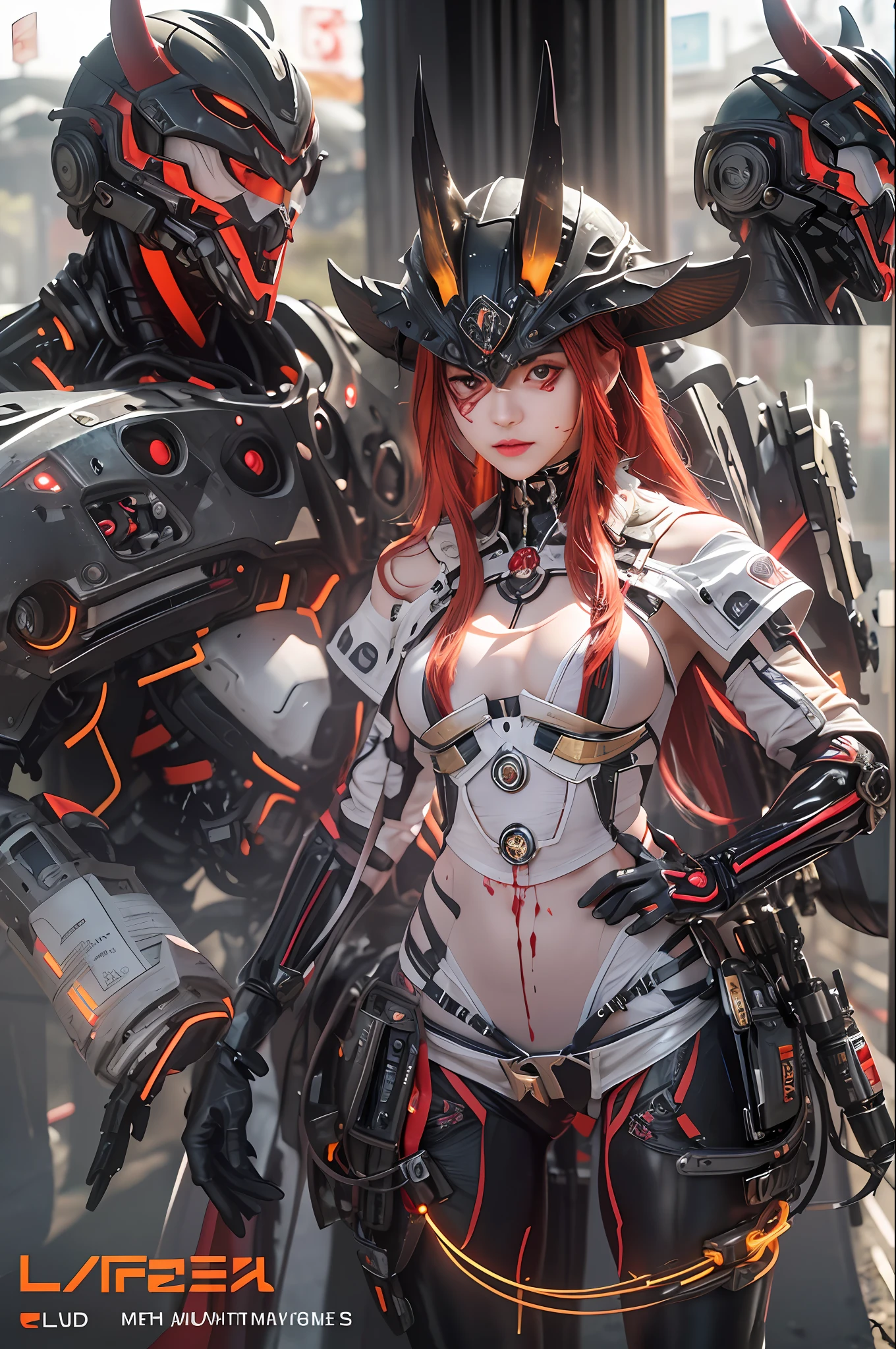 top-quality、masterpiece、超A high resolution、(Photorealsitic:1.4)、Raw photo、1人、red hairs、glowy skin、1 Machine Devil、large metal wings、Metal horn、((super realistic details))、portlate、globalillumination、Shadow、octan render、8K、ultrasharp、Colossal tits、Raw skin is exposed in cleavage、Black fiberglass body、Details of intricate gilded ornaments、Sumerian details、About Cyberpunk、Glowing LEDs、IC chips、Data Links、Hydraulic cylinder、highly intricate detail、Realistic light、Red Eyes、radiant eyes、Facing the camera、neon details、Mechanical limbs、blood vessels connected to tubes、Mechanical vertebrae attached to the back、mechanical cervical attaching to neck、cowboy shot、Wires and cables connecting to the head、Luminous tube、Small LED lamp、Orange Character Catch Light、