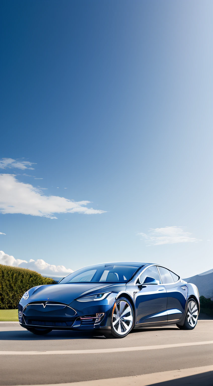 Realistic photography,A Tesla is parked on flat ground at a 45-degree angle,Behind the villa modern building has glass,Blue sky and white cloud background,Natural light,Large areas of white space,Blue gradient,centered composition,Tesla details are clearly portrayed,sense of science and technology,Advancedsense,high-definition picture quality
