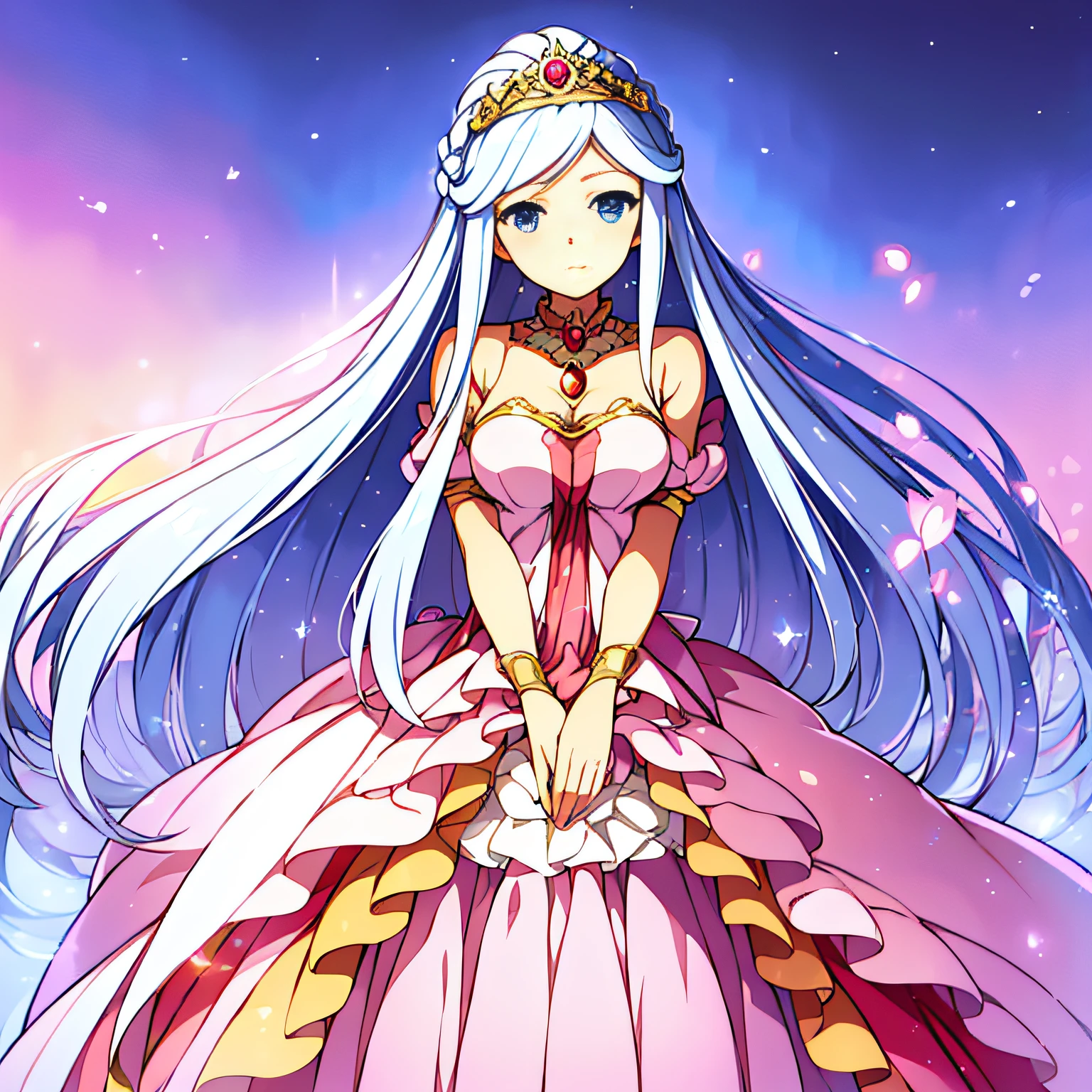 ((Masterpiece)), (((Best quality))), ((Ultra-detailed)), ((illustration)), ((Disheveled hair)), ((frilld)), (1 girl), (Solo), Anime girl wearing pink dress,long white hair, rei hino as a princess, loli in dress, Anime princess, cute anime waifu in a nice dress, Anime girl with long hair, sao style anime, Anime goddess, ((a beautiful fantasy empress))