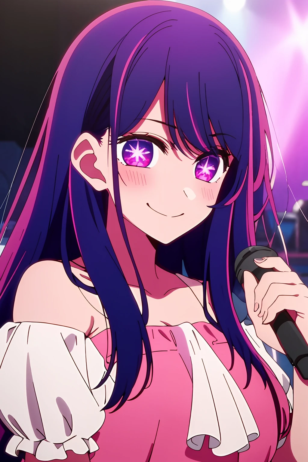 ​masterpiece、ighly detailed、(1 girl in:1.2)、purple color  hair、pink  dress、big eye、a closeup、A smile、8K、Ai Hoshino、Live performance venue、piece