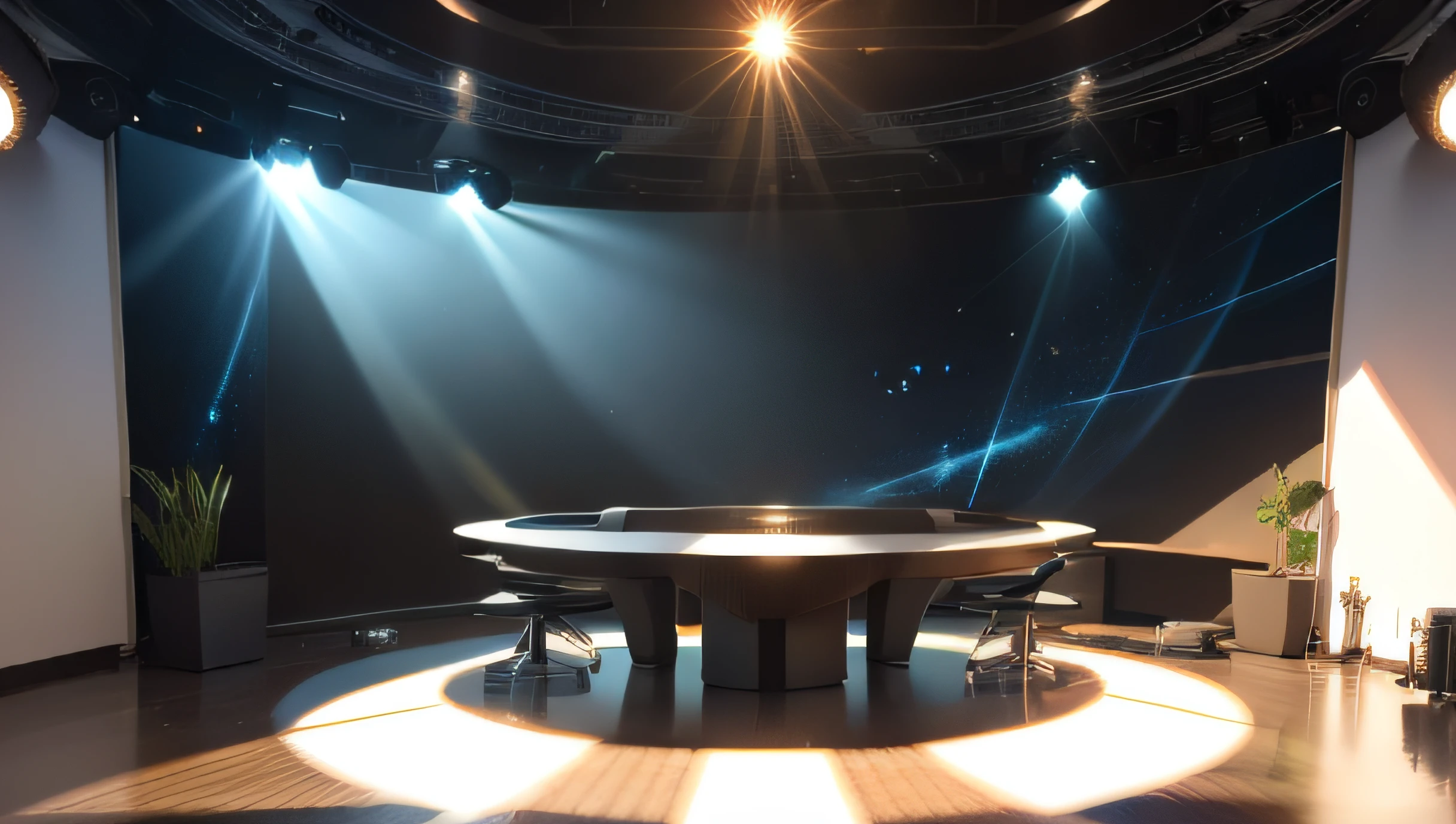 futuristic journalistic studio with a large table in the center, light in the studio, motion light in the backdrop, city, motion light in the television, with sunlight at the morning, of the image that hides the waist down part of the presented modern 8k best quality realistic masterpiece