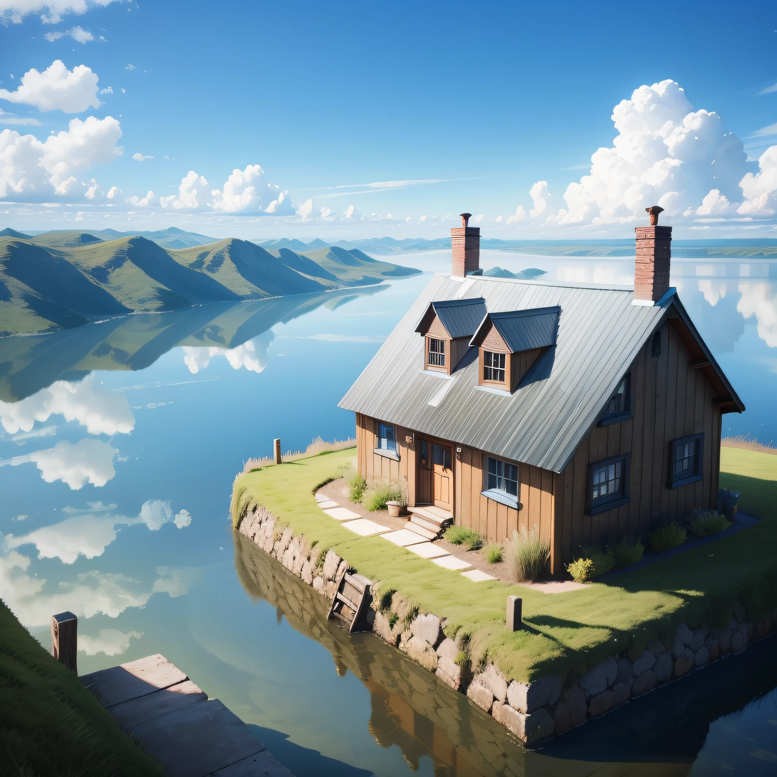 Above the clouds, there is a rural cottage fenced next to it,The sky is clear,The end of the water and sky meets the sky