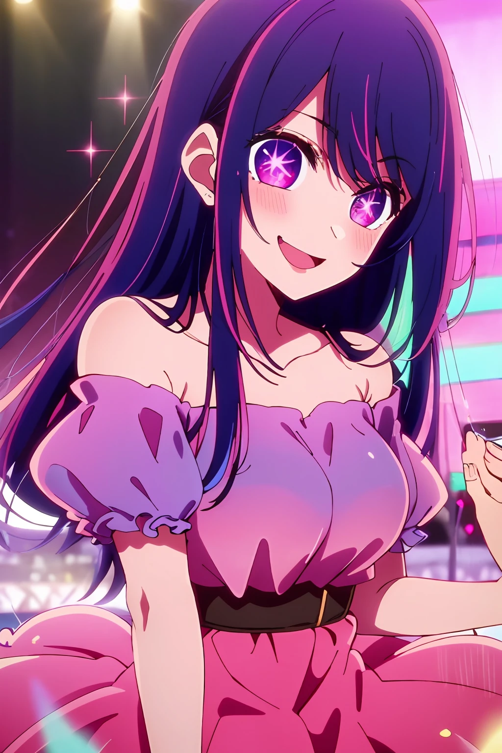 masterpiece、ighly detailed、(1 girl in:1.2)、purple color hair、pink dress、big eye、a closeup、A smile、8K、Ai Hoshino、Live performance venue、piece