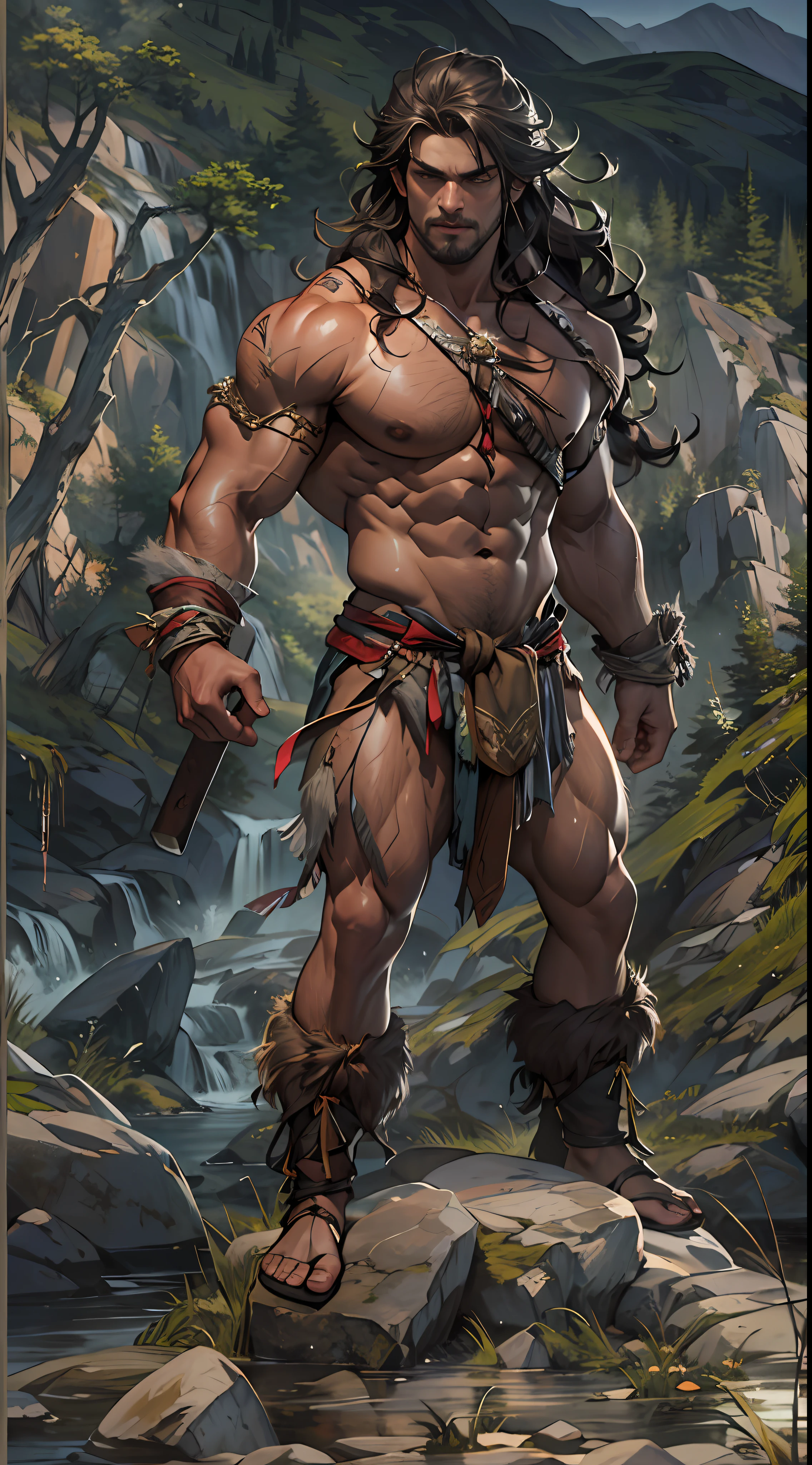 Muscular barbarian, upper body unclothed, legs uncovered from thighs to feet, flowing long curls, detailed muscular physique, lifelike representation, 4K resolution. Background: Wild untamed wilderness with rugged mountains,32k uhd, best quality, masterpiece, super detail, high details