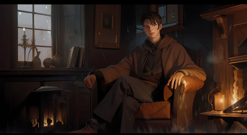 portrait of a young man, fantasy, comfy, mystery, warm colors, fireplace, looking at viewer, holding book, house interior in high medieval style, window with rain, lampada, sitting in chair,