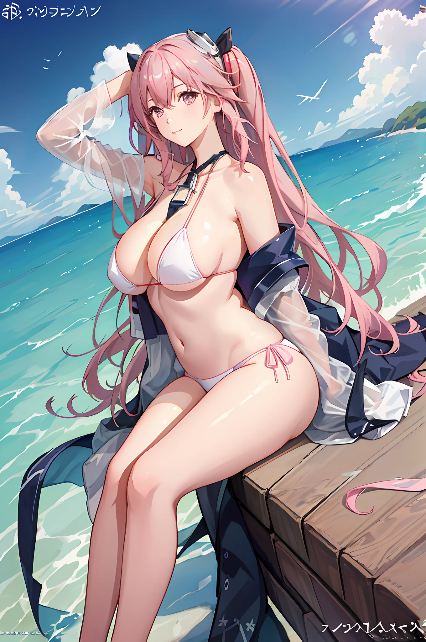 Anime girl posing on beach with pink hair and white bikini, seductive anime girls, oppai, Anime goddess, pixiv 3dcg, Azure archive style, Best Rated on pixiv