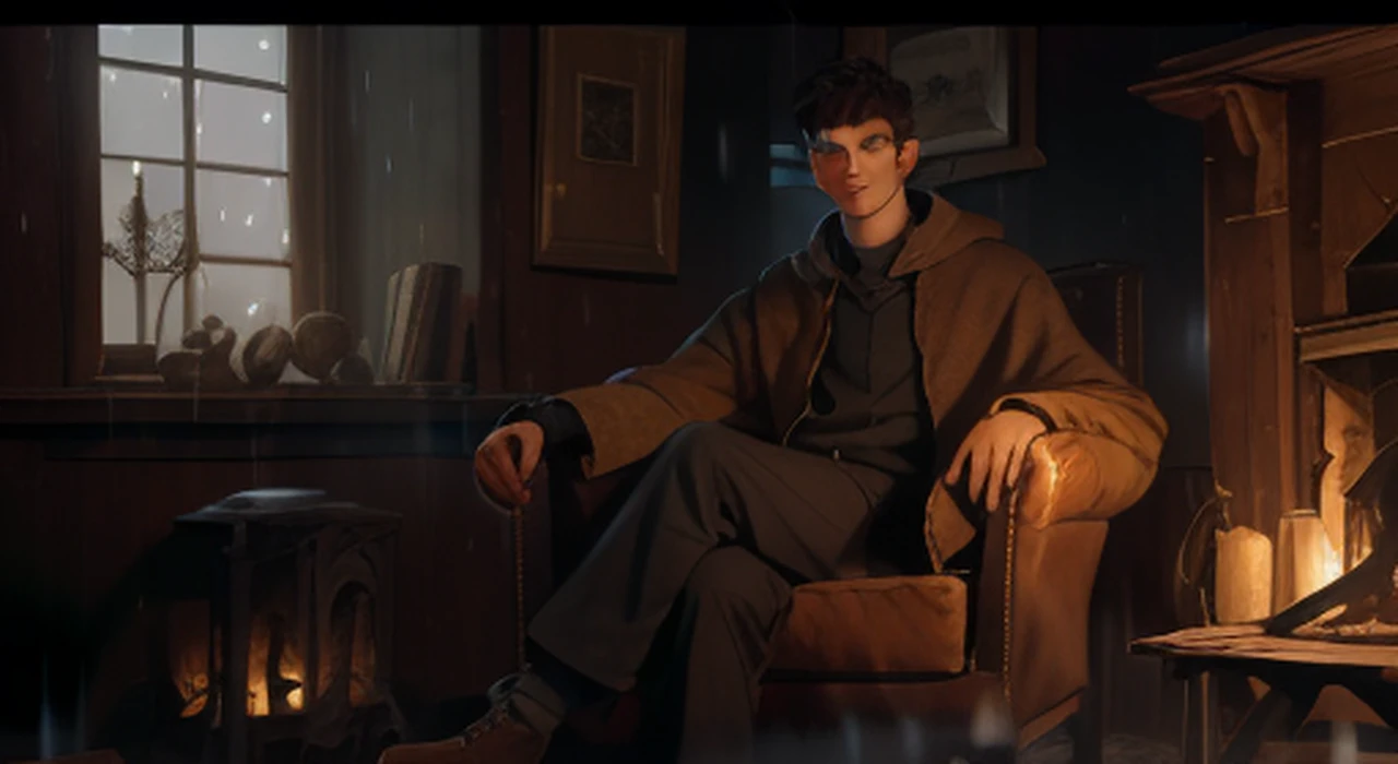 portrait of a young man, fantasy, comfy, mystery, warm colors, fireplace, looking at viewer, holding book, house interior in high medieval style, window with rain, lampada, sitting in chair,