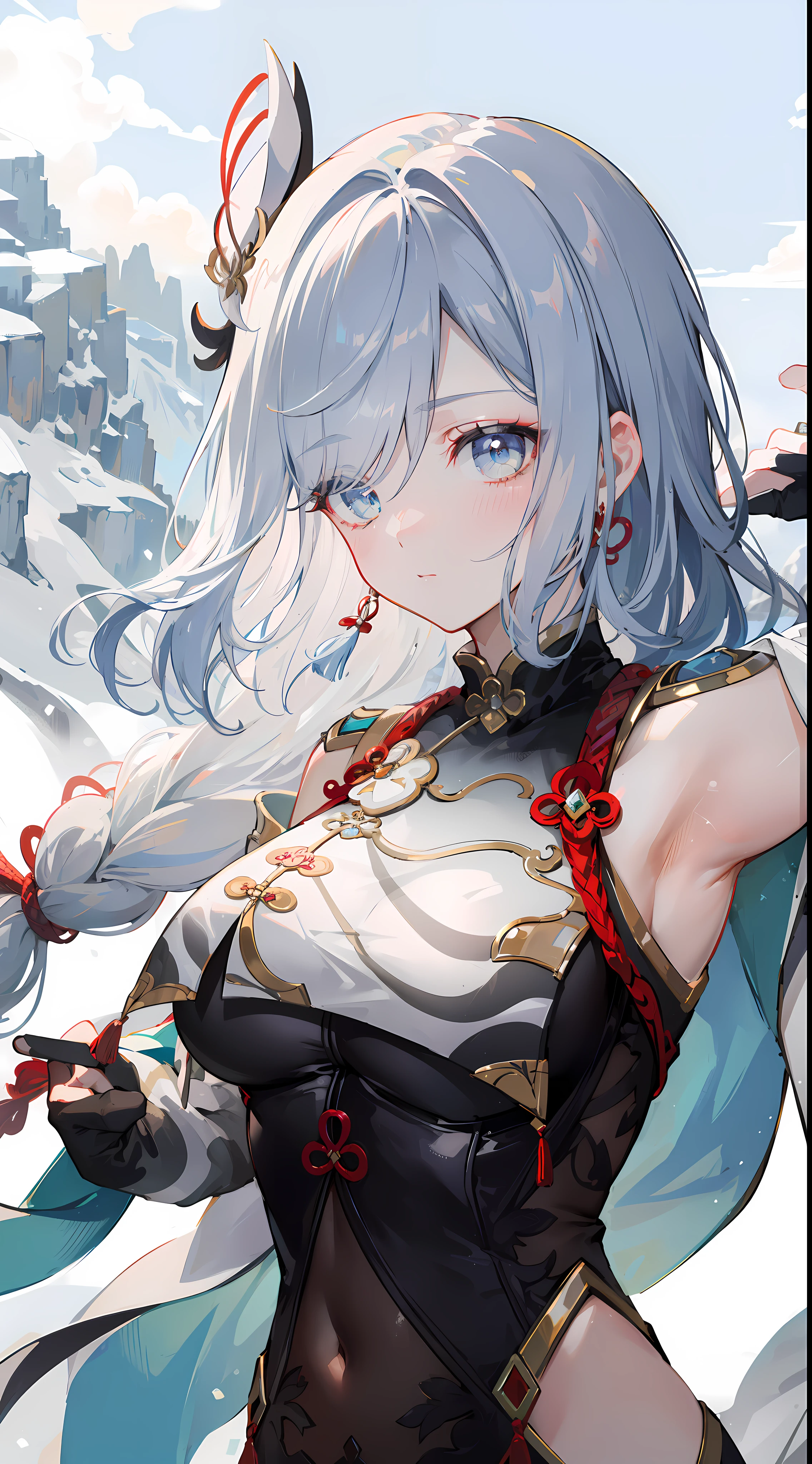 shenhedef, upper body, seductive look, blush, outdoors, snowflake scenery, looking at viewer, mountain, moody lighting, (perfect detail eyes:1.2), glowing eyes, (long hair one braid:1.2). armpit, (Masterpiece, Best Quality, High Quality:1.4), professional artwork, Intricate Details, field of view, sharp focus, detailed painting, photorealistic lighting, trending on pixiv, (vivid lighting, vibrant colors:1.05), realistic shadows, ambient occlusion,