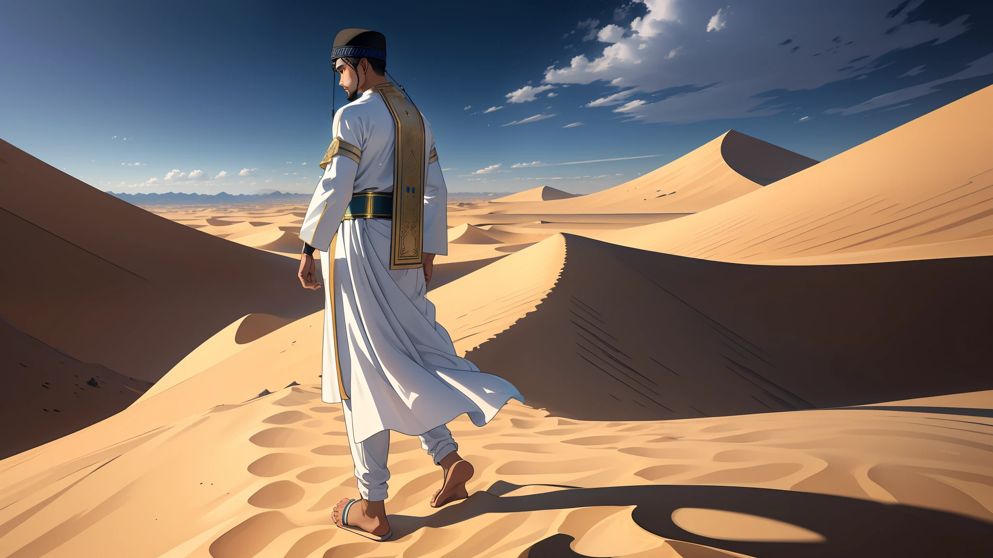 "(8k ultra-realistic) (detailed image) (masterpiece) (superb quality) Guided by his unwavering faith in Allah, Amir, a young man dressed in Islamic clothing, diligently followed the small compass in the vast desert."