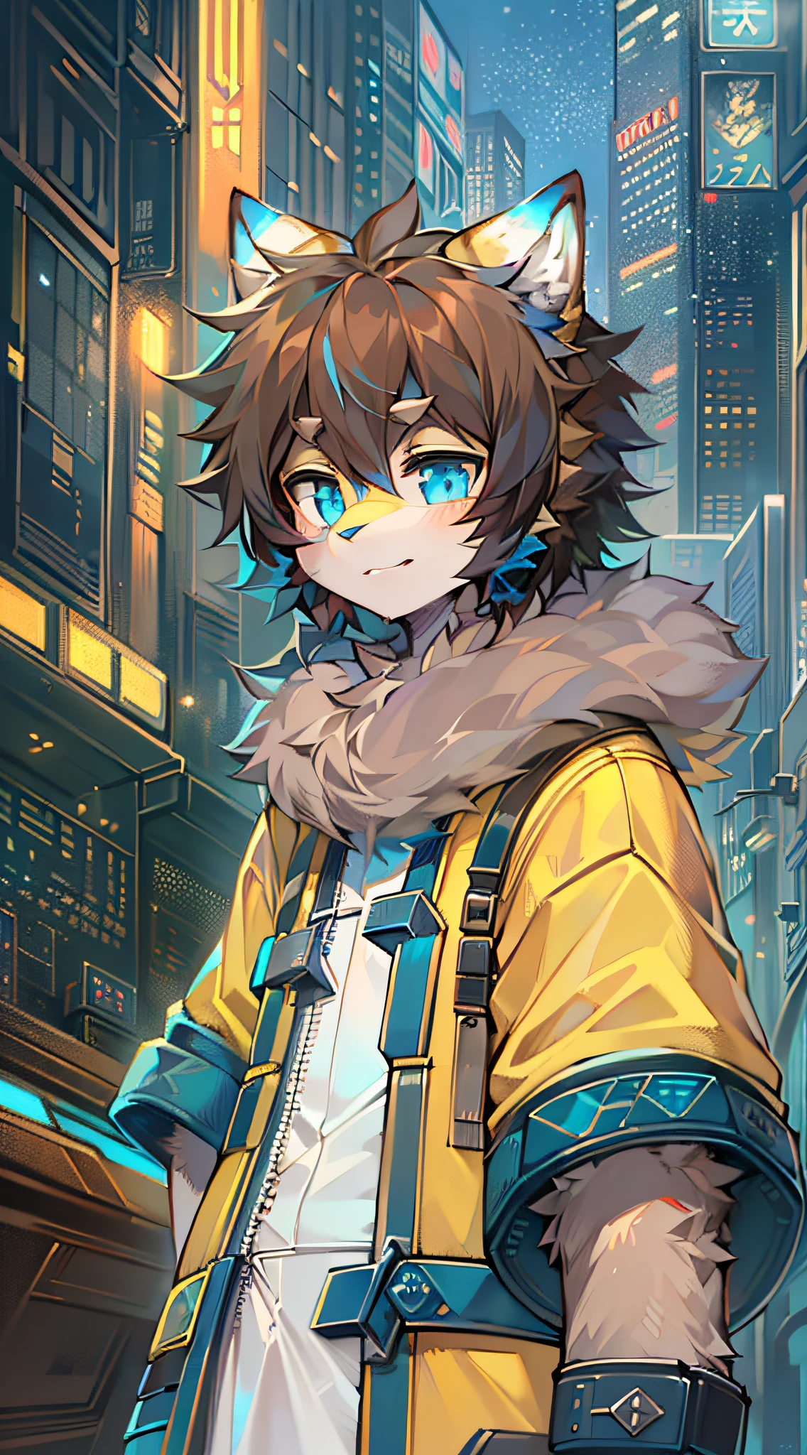 eyes with brightness, in a panoramic view, Character focus.(detailedbackground:0.7), 独奏, shaggy, shaggy male, anthr,(Full Body Furry, Fluffy tail, Yellow fur, blue color eyes, Thinning brown hair,No ,Casual white coat:1.2), (felid:1.2),(nigth、futuristic cities:1.1)