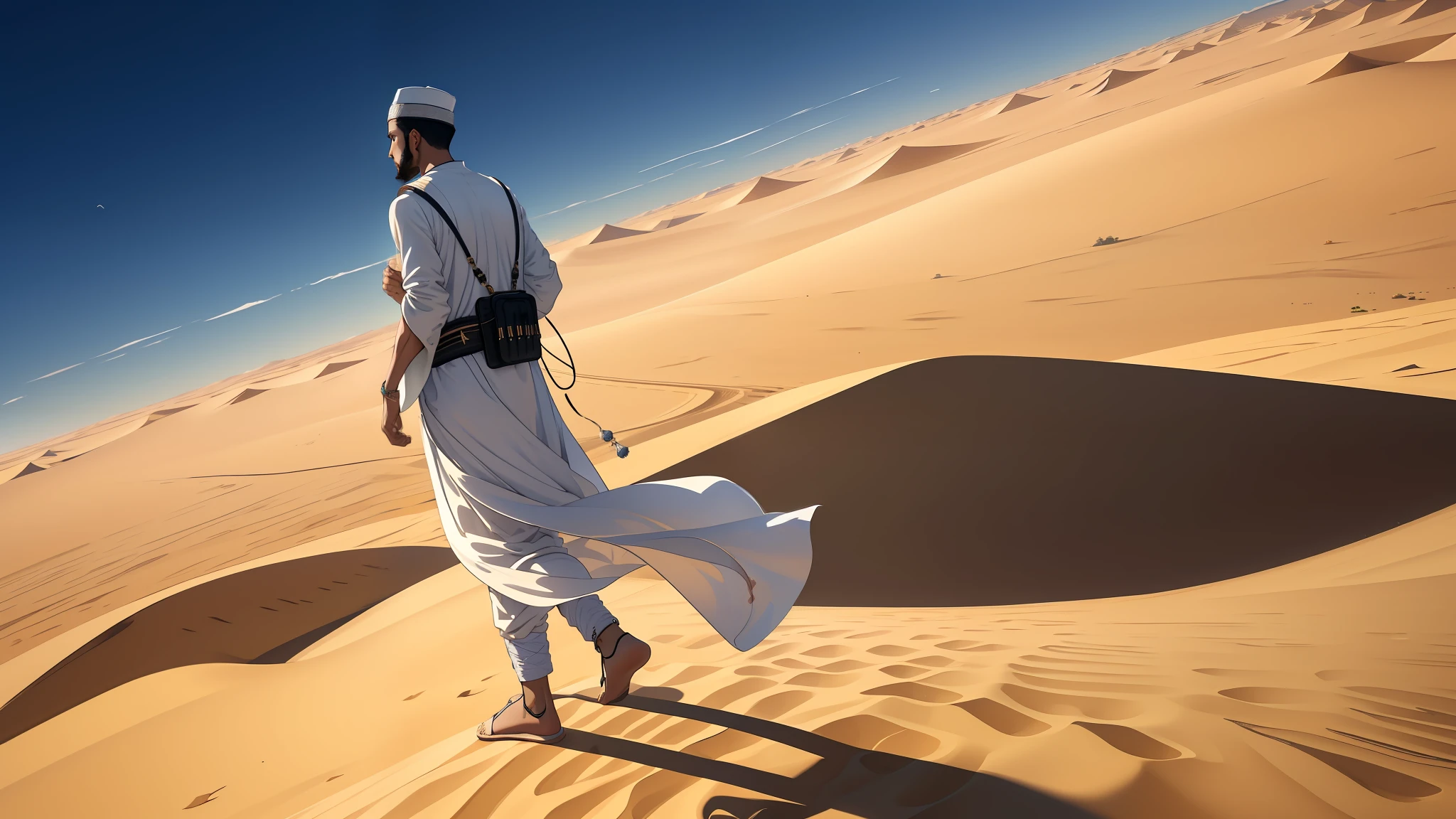 "(8k ultra-realistic) (detailed image) (masterpiece) (superb quality) Guided by his unwavering faith in Allah, Amir, a young man dressed in Islamic clothing, diligently followed the small compass in the vast desert."
