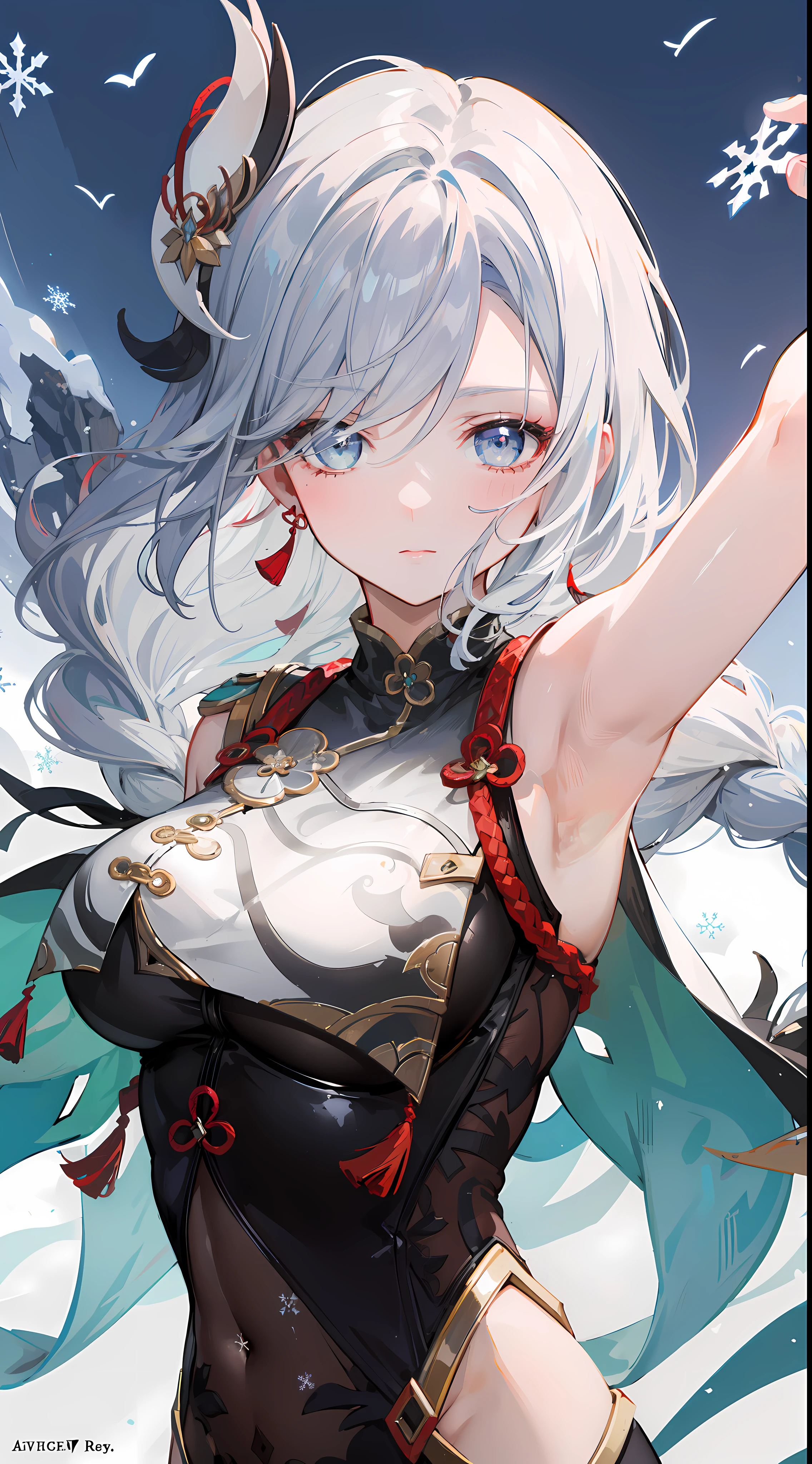 shenhedef, upper body, seductive look, blush, outdoors, snowflake scenery, looking at viewer, mountain, moody lighting, (perfect detail eyes:1.2), glowing eyes, (long hair one braid:1.2). armpit, (Masterpiece, Best Quality, High Quality:1.4), professional artwork, Intricate Details, field of view, sharp focus, detailed painting, photorealistic lighting, trending on pixiv, (vivid lighting, vibrant colors:1.05), realistic shadows, ambient occlusion,