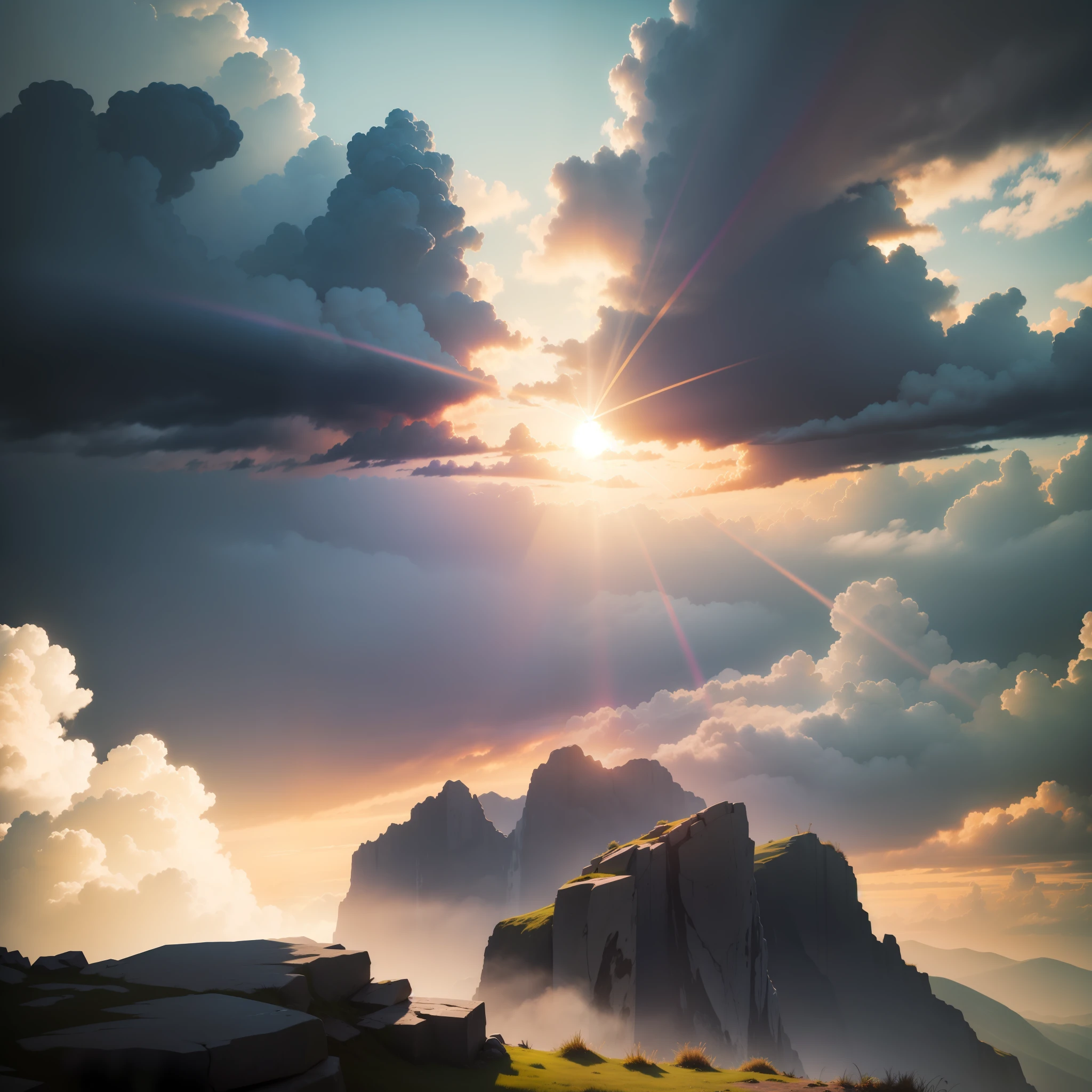 Colorful sunlight shoots out from the gaps in the clouds