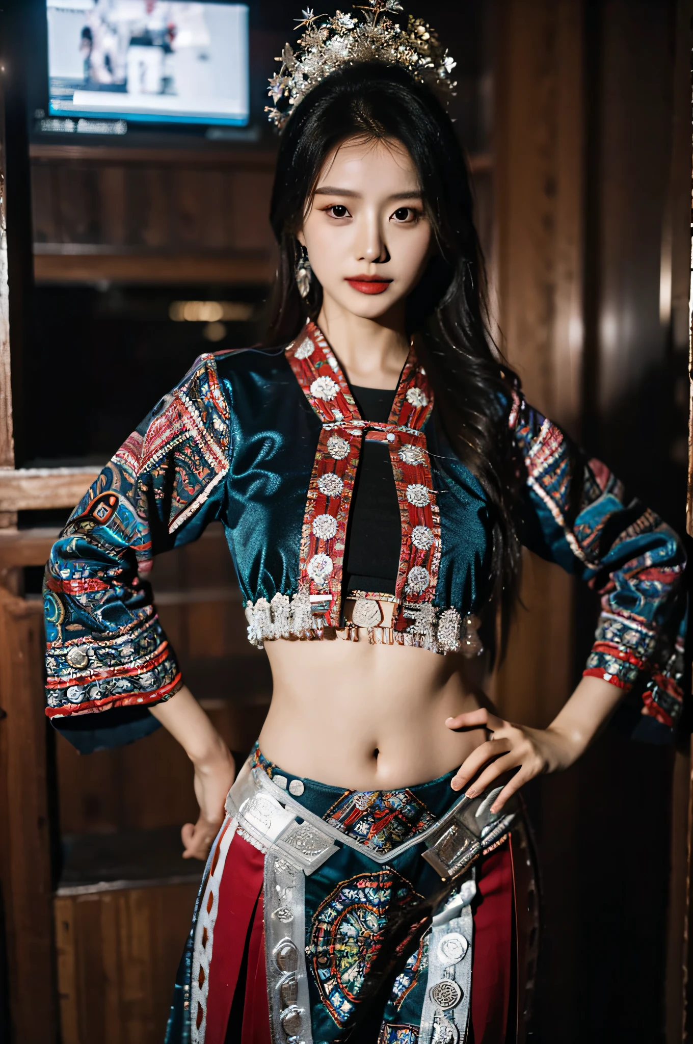 (Hyperrealistic,)4K,35mm,hyper-high detail, Professional lighting, Best quality, 超高分辨率, Visually stunning, (1girll:1.1), (Hmong clothing ),realskin,(Perfect body 1.3)(Ultra-delicate face),Open navel