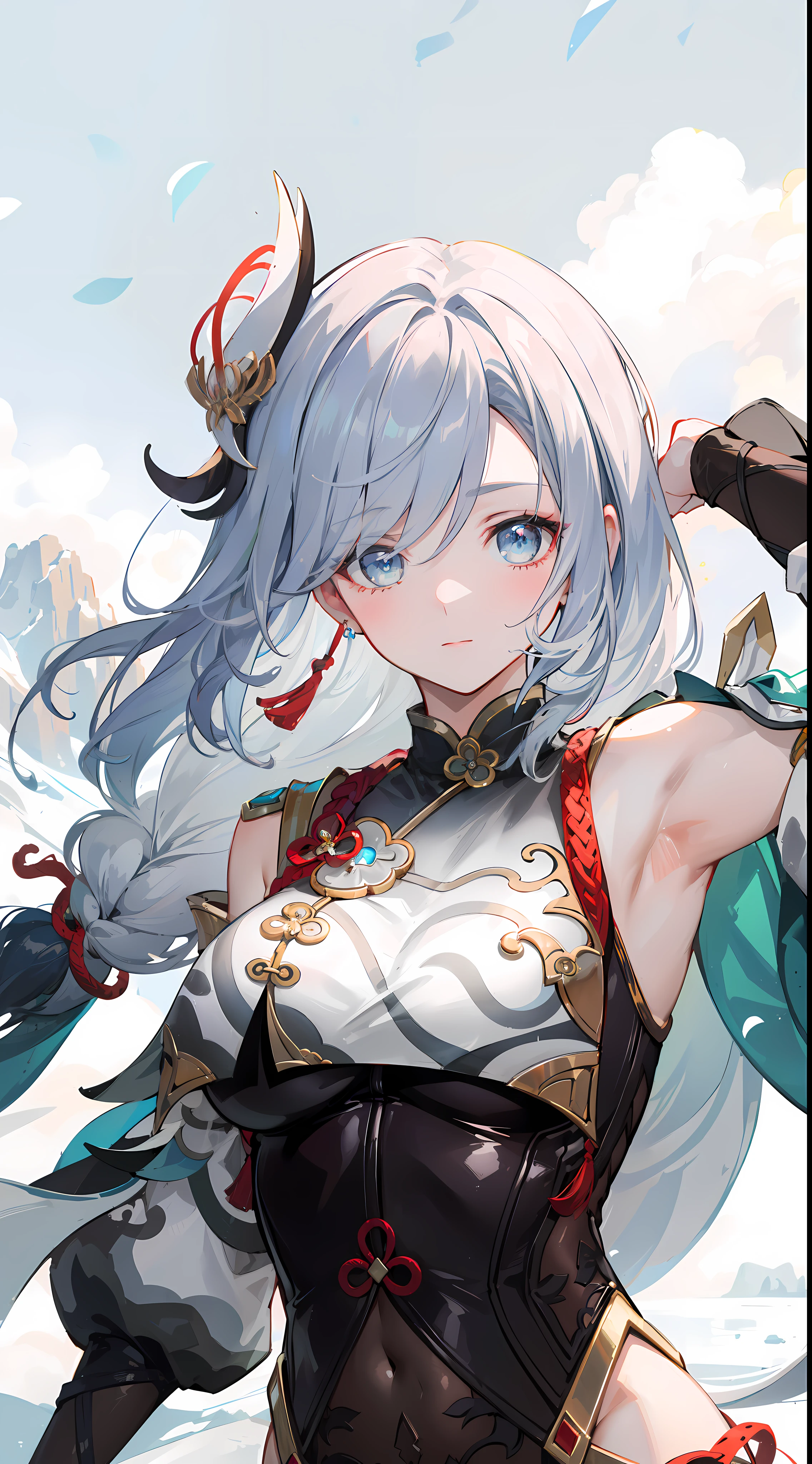 shenhedef, upper body, seductive look, blush, outdoors, snowflake scenery, looking at viewer, mountain, moody lighting, (perfect detail eyes:1.2), glowing eyes, (long hair one braid:1.2). armpit, (Masterpiece, Best Quality, High Quality:1.4), professional artwork, Intricate Details, field of view, sharp focus, detailed painting, photorealistic lighting, trending on pixiv, (vivid lighting, vibrant colors:1.05), realistic shadows, ambient occlusion,