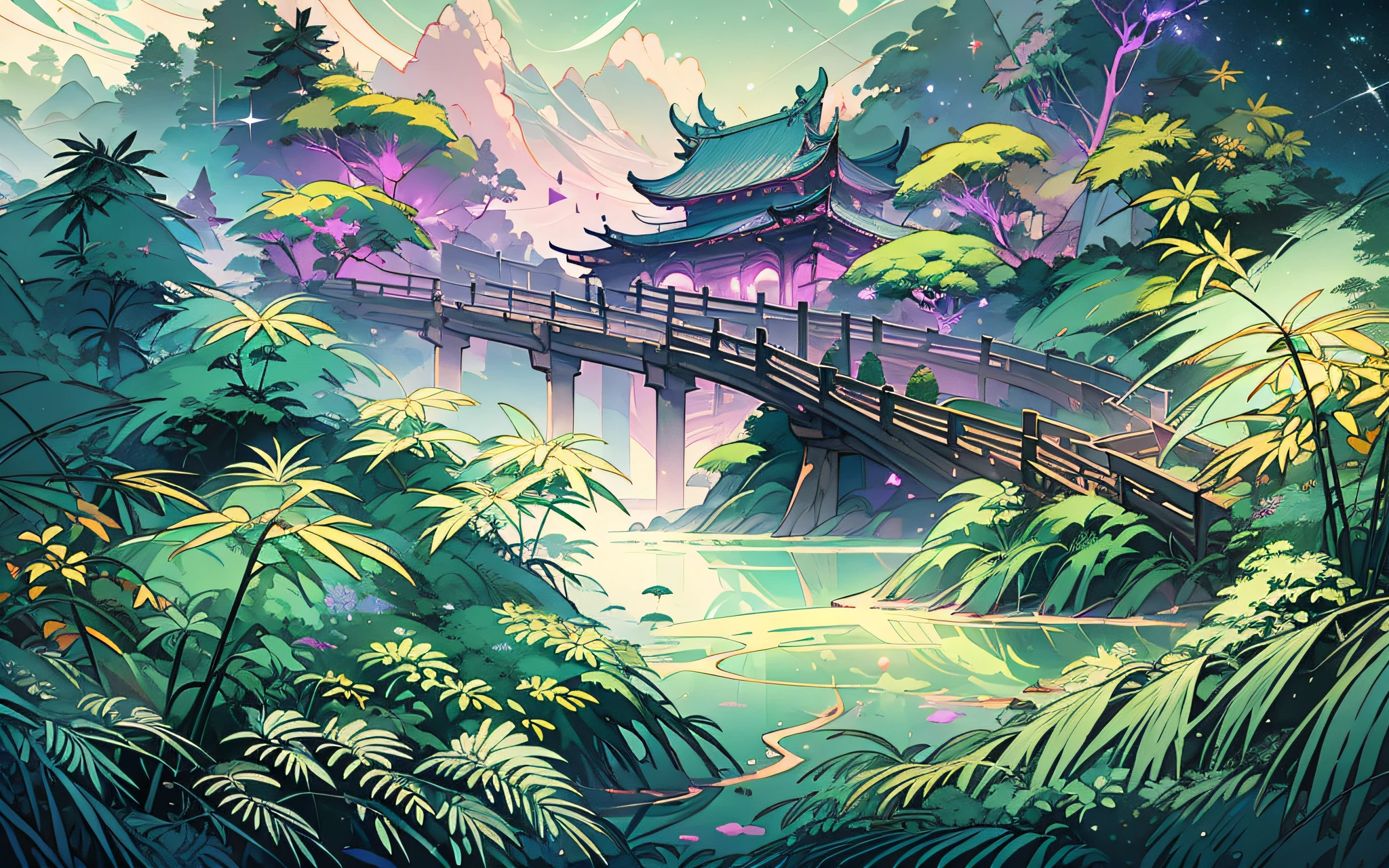 Scene: night, cold autumn, bamboo forest, stream, sea of clouds, starry sky Item: bridge, bamboo leaves, starlight Emotion: beautiful, cool, elegant, antique, leisurely, psychedelic, mysterious Color: low saturation, gray blue, light gray , dark green, dark green, dark purple, dark blue Style: ancient style, xianxia, ink painting, landscape artistic conception Screen requirements: masterpiece, high quality, exquisite graphics, high detail, (extremely detailed CG unified 8k wallpaper), (most good quality), (best illustrations), (best shadows), super detail --v 6