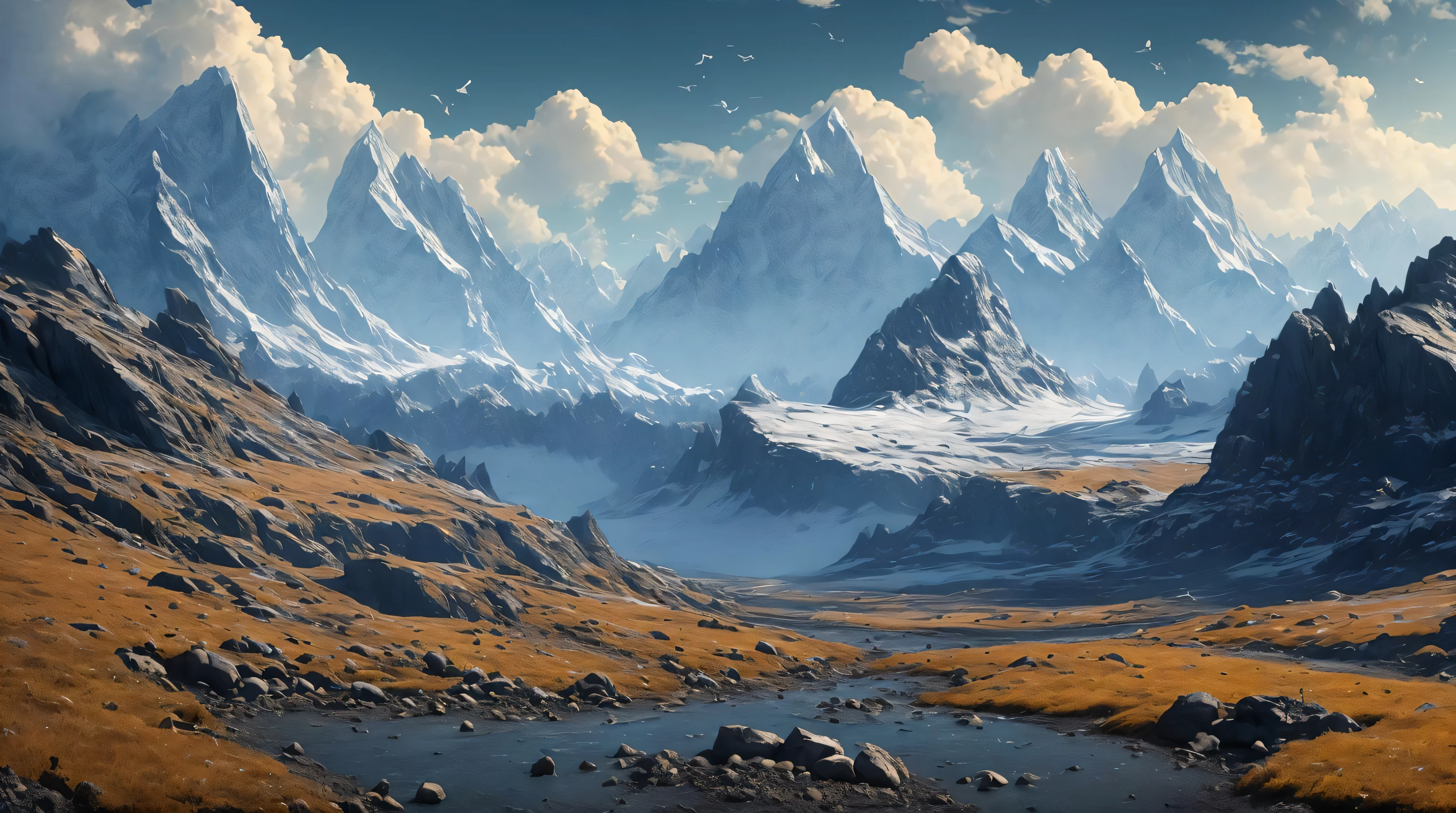 enviromentart, no humans, scenery, outdoors, rock, bird, sky, cloud, mountain, day, concept art,