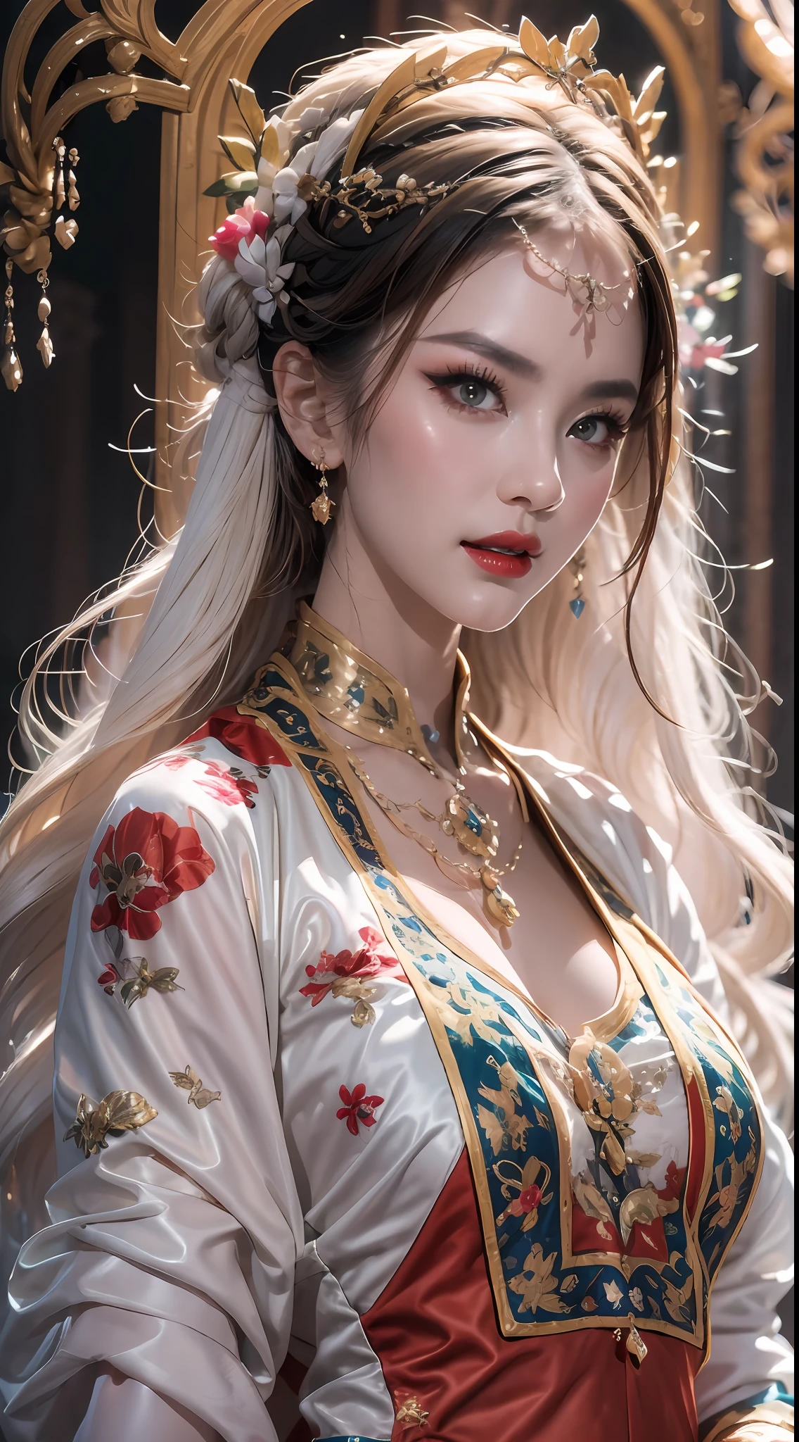 portrait of a beautiful 20 year old holy woman, wearing a thin multicolored silk dress, beautiful face without blemishes, ((natural smile:0.3)), Mouth closed, ((7-color hair length:1.2)), big crown, hair brooch, hanfu dress, chinese ancient style, full body jewelry, forehead tattoo, super even chest, face, red lips, delicate pink and white eyes (white and detailed) cinematic, light and dark, dramatic lighting, magical light, extremely detailed light, true color, super sharp, realistic, 8k quality, fantasy universe background, saints and magical space, the most detailed images, Exhibition photo, awarded, Eye-catching bright tone effect,