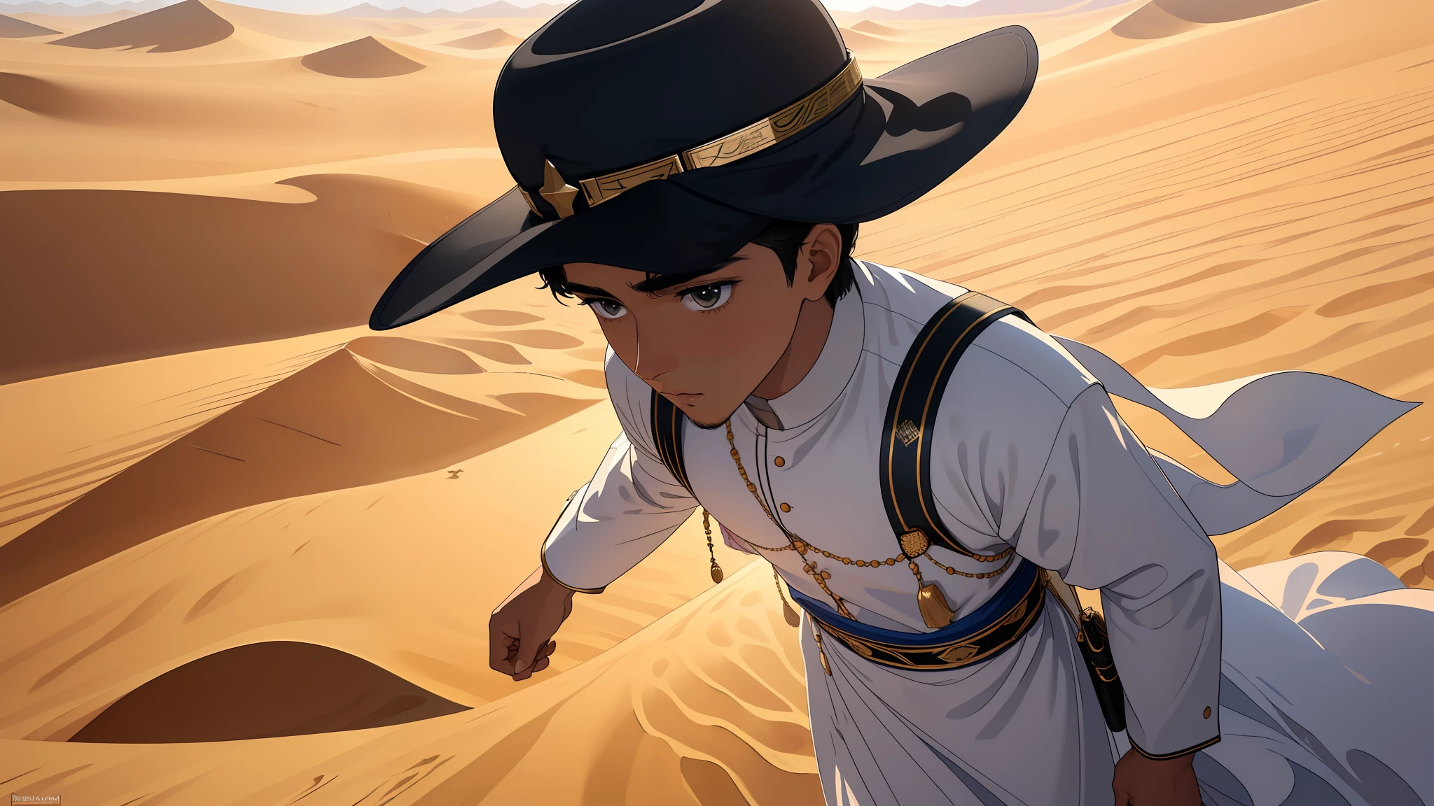 "(8k ultra-realistic) (detailed image) (masterpiece) (superb quality) Guided by his unwavering faith in Allah, Amir, a young man dressed in Islamic clothing, diligently followed the small compass in the vast desert."