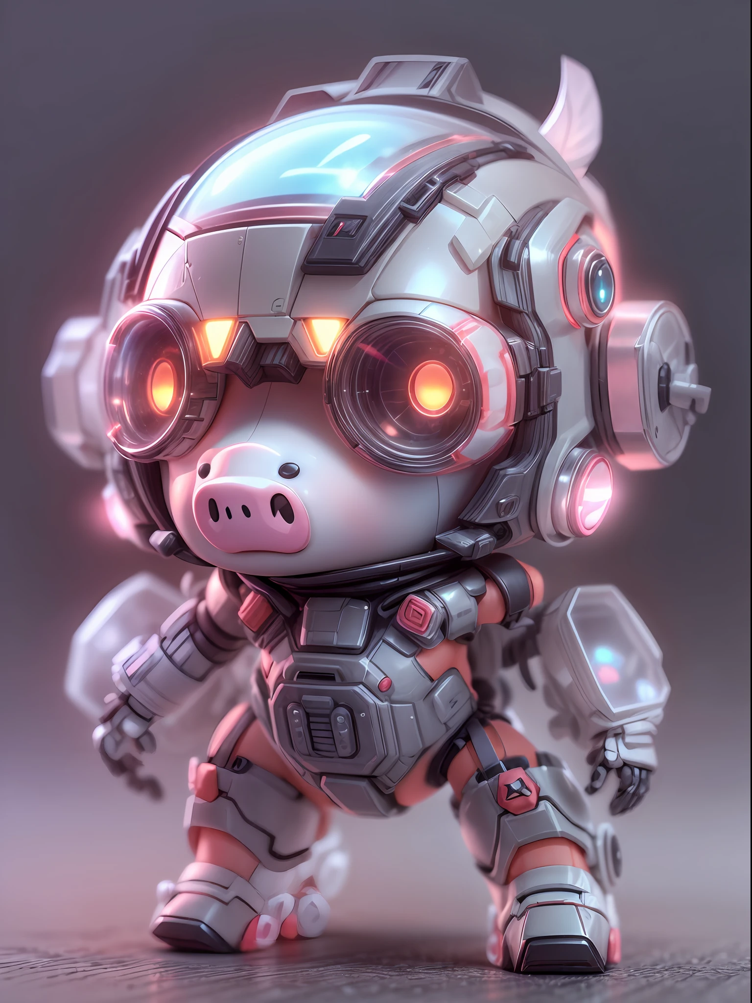 (blind box toy style:1.2), (Full Body Shot) , 1 Transparent cute pig, Transparent mecha, Exquisite Helmet:1.2, glowing goggles:1.2, Cyberpunk, Dreamy Glow, Luminous neon lamp, clean, white background, ( Global illumination, raytracing, HDR, unreal render,reasonable design, high detailed, masterpiece, best quality, UHD, Cinematic Lighting)