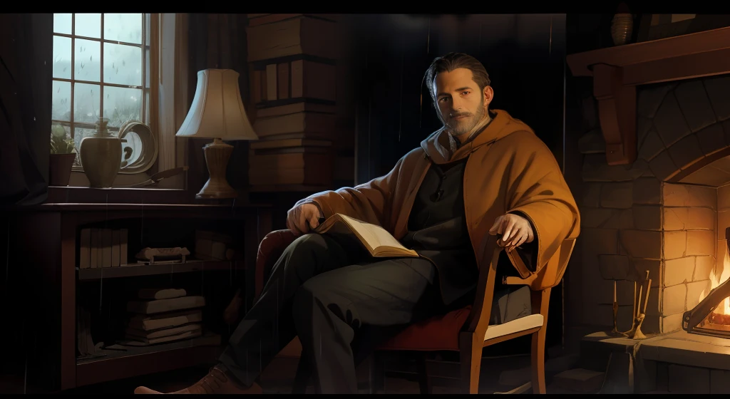 portrait of a man, fantasy, comfy, mystery, warm colors, fireplace, looking at viewer, holding book, house interior in high medieval style, window with rain, lampada, sitting in chair,