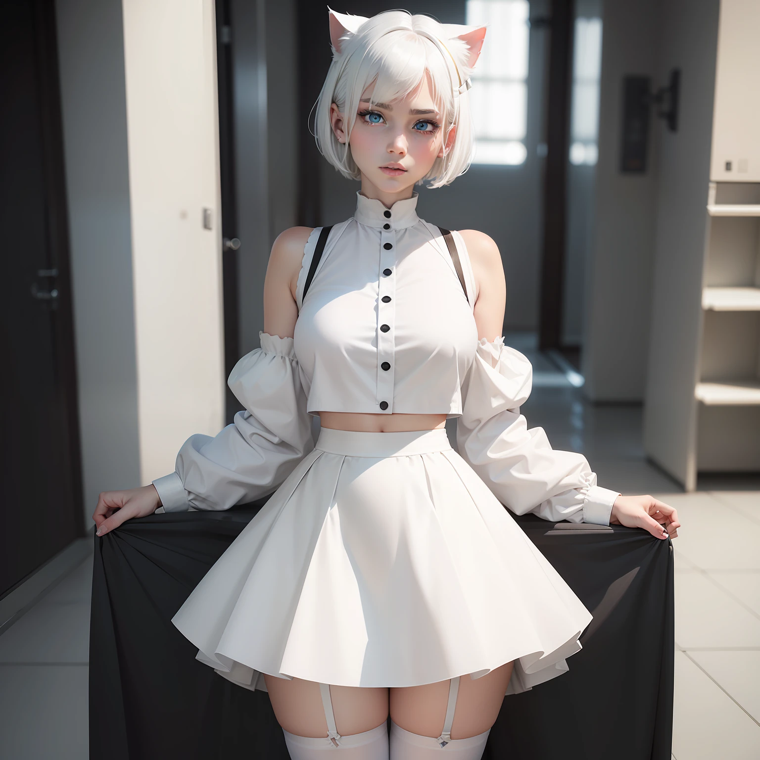 White clothes,White hair,white skinned,short detailed hair,cat ear,a skirt,cropped shoulders,White stockings,full bodyesbian,Gaze at you,adolable,eBlue eyes