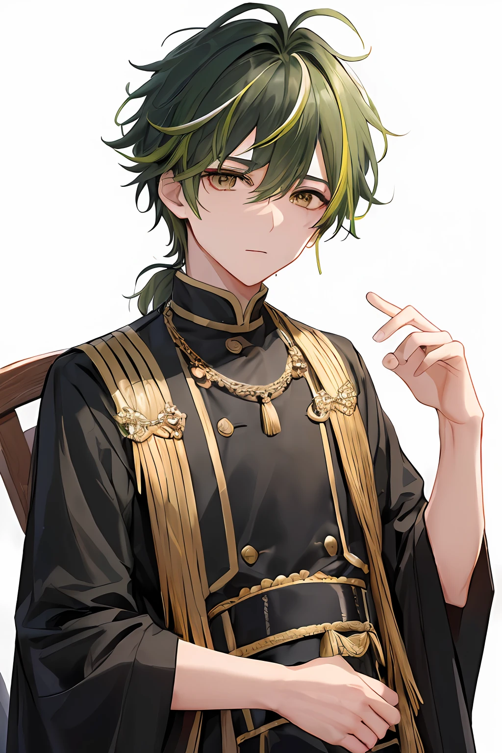 (top-quality、8K、32K、masterpiece、nffsw:1.3)、KK, top-quality, detaileds, masterpiece, (((1boy))), (green streaked hair、green highlights hair、A dark-haired、Black hair with green highlight hair)、a smile、portraitures, male focus, Thread-thin eyes、(((Narrow-eyed)))、Facing the front、独奏, bangss, looking at the viewers,, shorth hair, Sateen, (Plain white background), manicure, opulent, 8K, detaileds, Ray traching, depth of fields, 电影灯光,male people、ember