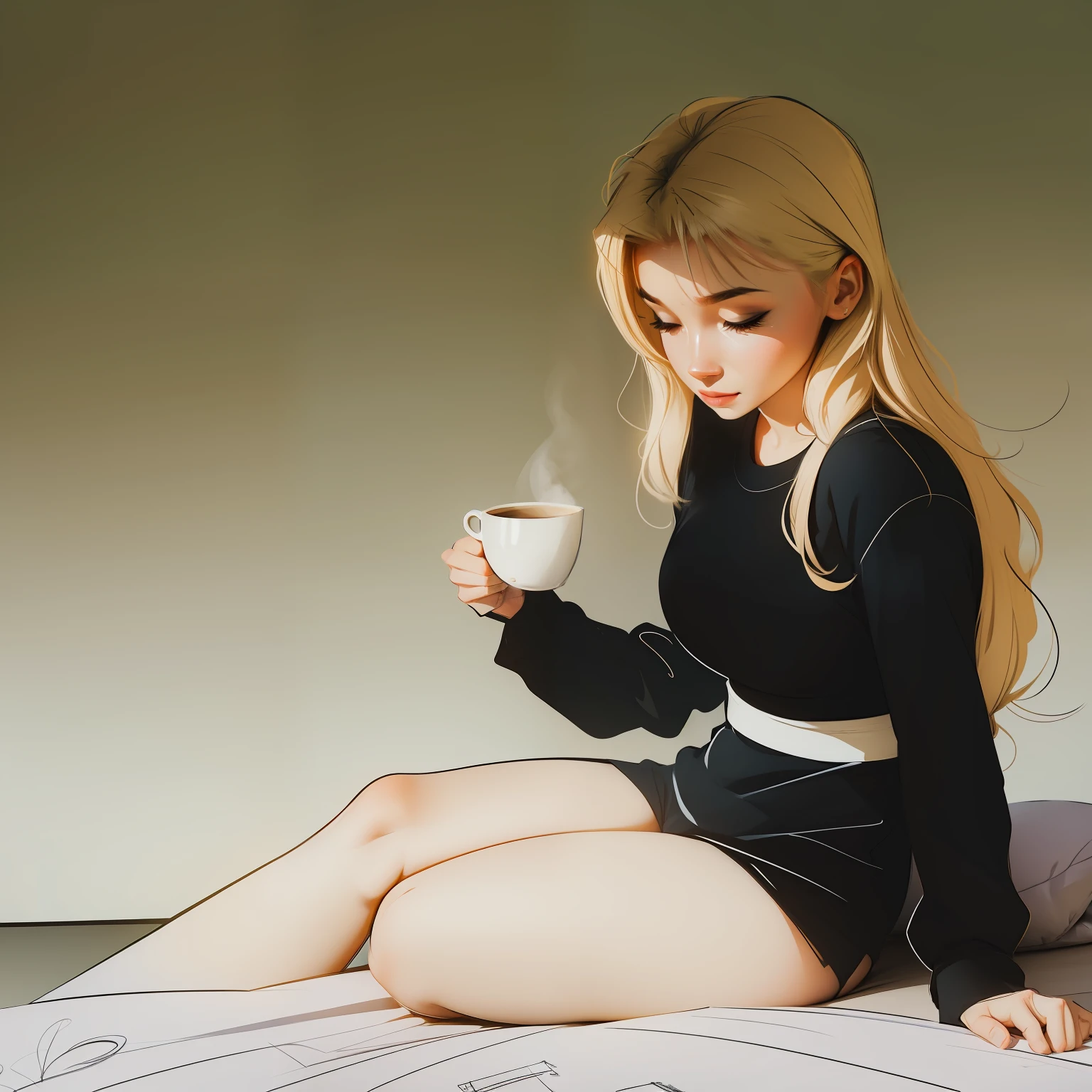 a drawing of a woman sitting on a bed with a cup of coffee, various pose, sitting on a bed, relaxed pose, comic drawing