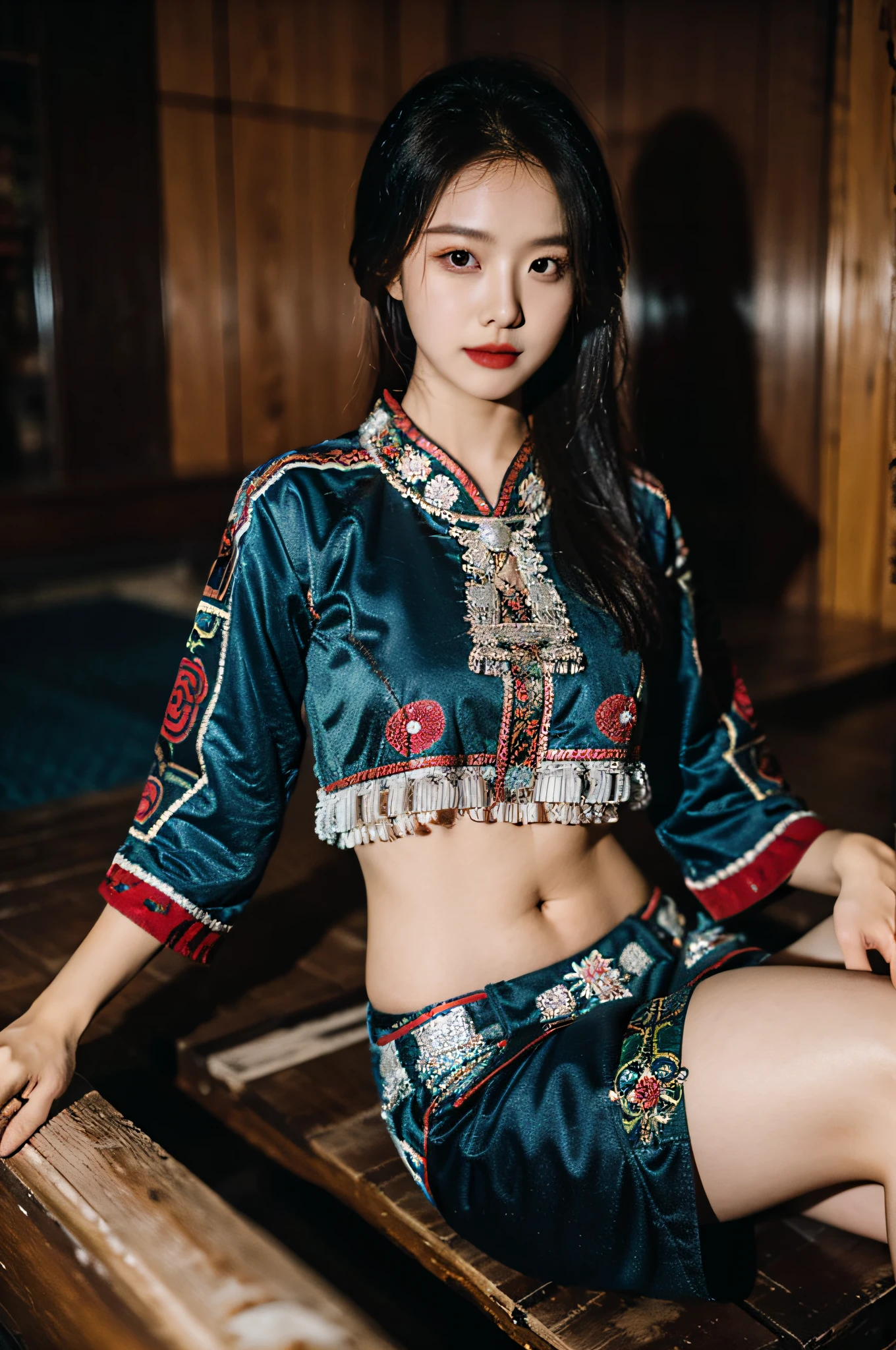 （Hyperrealistic,）4K,35mm，hyper-high detail, Professional lighting, Best quality, 超高分辨率, Visually stunning, (1girll:1.1), （Hmong clothing ）,realskin,（Perfect body 1.3）（Ultra-delicate face），Open navel