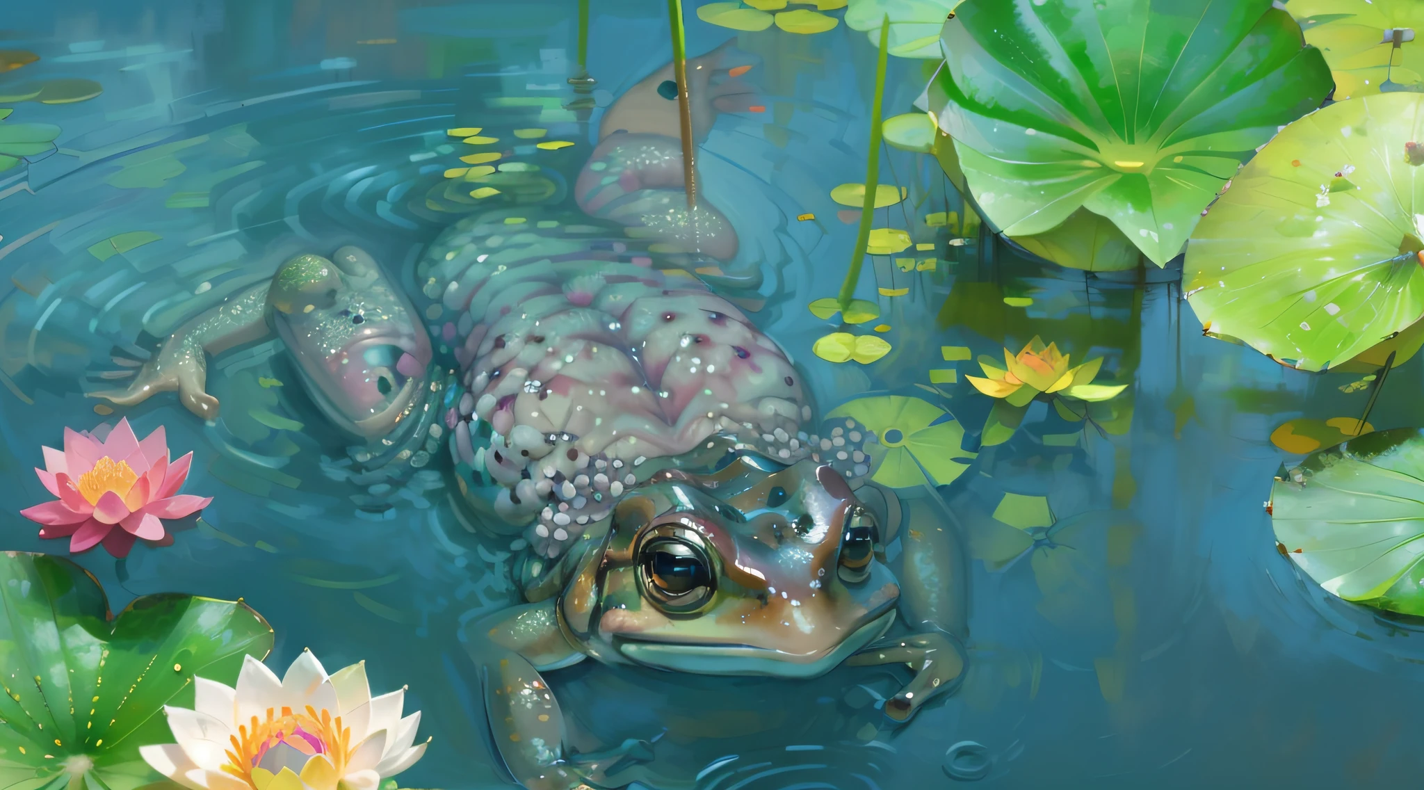 A toad that sinks to the bottom, A frog at the bottom of a lotus pond, Frogs with uneven skin, Swing in a dive
Yang 08k, Photography, Beautiful, Black background, Colorful,
Masterpieces, Top quality, Best quality, offcial art, Beautiful and aesthetic, Realistic,