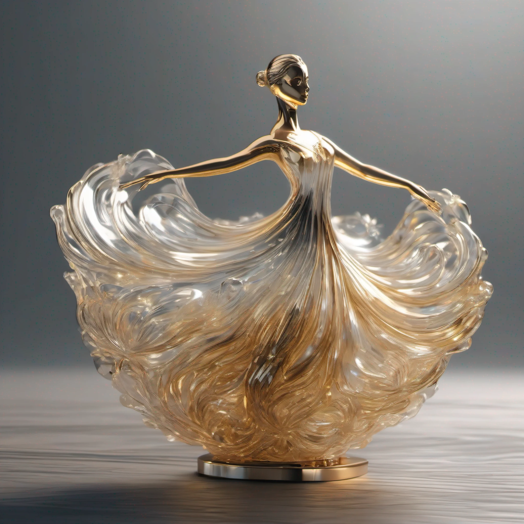 an abstract 3D object with amorphous ballerina shape in swan dance made of glass and gold