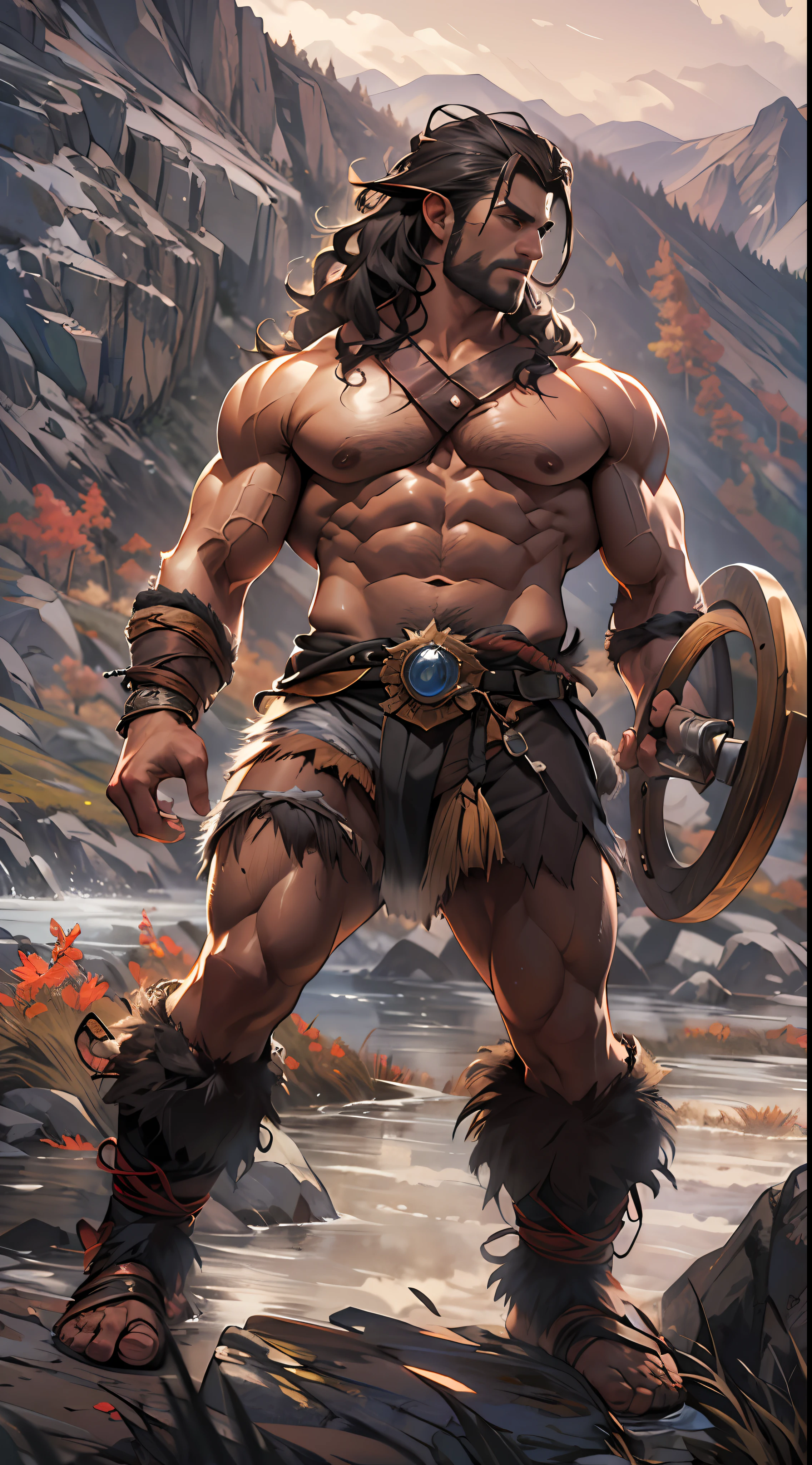 Muscular barbarian, upper body unclothed, legs uncovered from thighs to feet, flowing long curls, detailed muscular physique, lifelike representation, 4K resolution. Background: Wild untamed wilderness with rugged mountains,32k uhd, best quality, masterpiece, super detail, high details