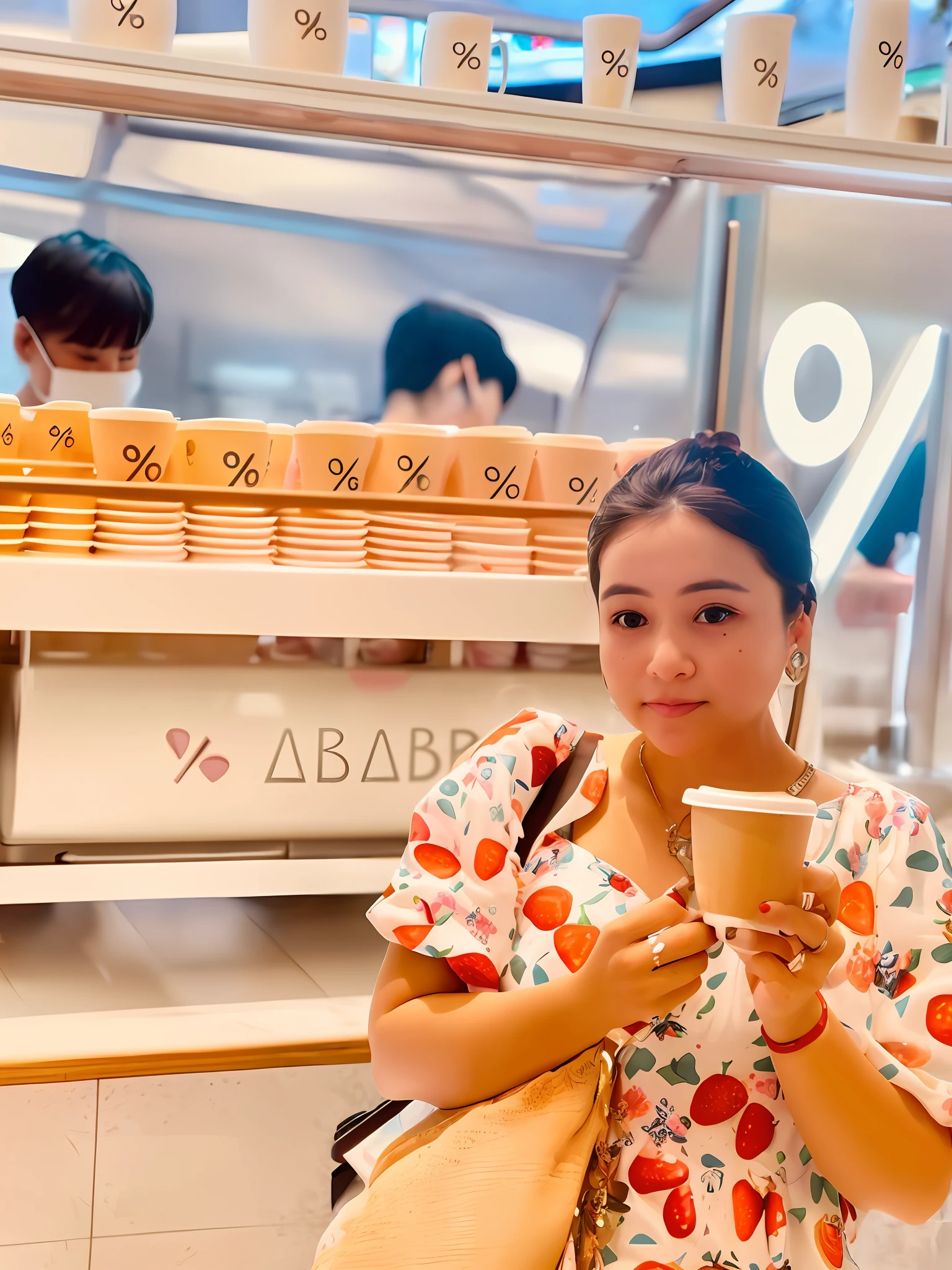 woman holding a cup of coffee in front of a counter, drinking a strawberry iced latte, at the counter, 🤬 🤮 💕 🎀, drinking boba tea, exclusive, by Emma Andijewska, abcdefghijklmnopqrstuvwxyz, 💣 💥, daoshi, captured on iphone, 😭 🤮 💕 🎀, trending ，