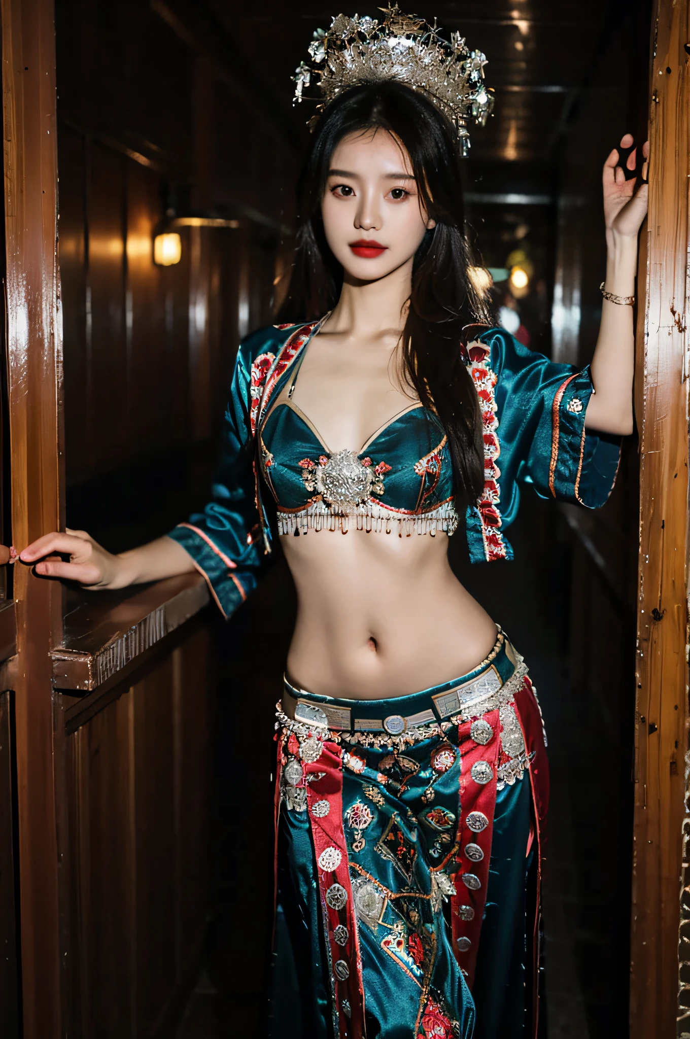 （Hyperrealistic,）4K,35mm，hyper-high detail, Professional lighting, Best quality, 超高分辨率, Visually stunning, (1girll:1.1), （Hmong clothing ）,realskin,（Perfect body 1.3）（Ultra-delicate face），Open navel