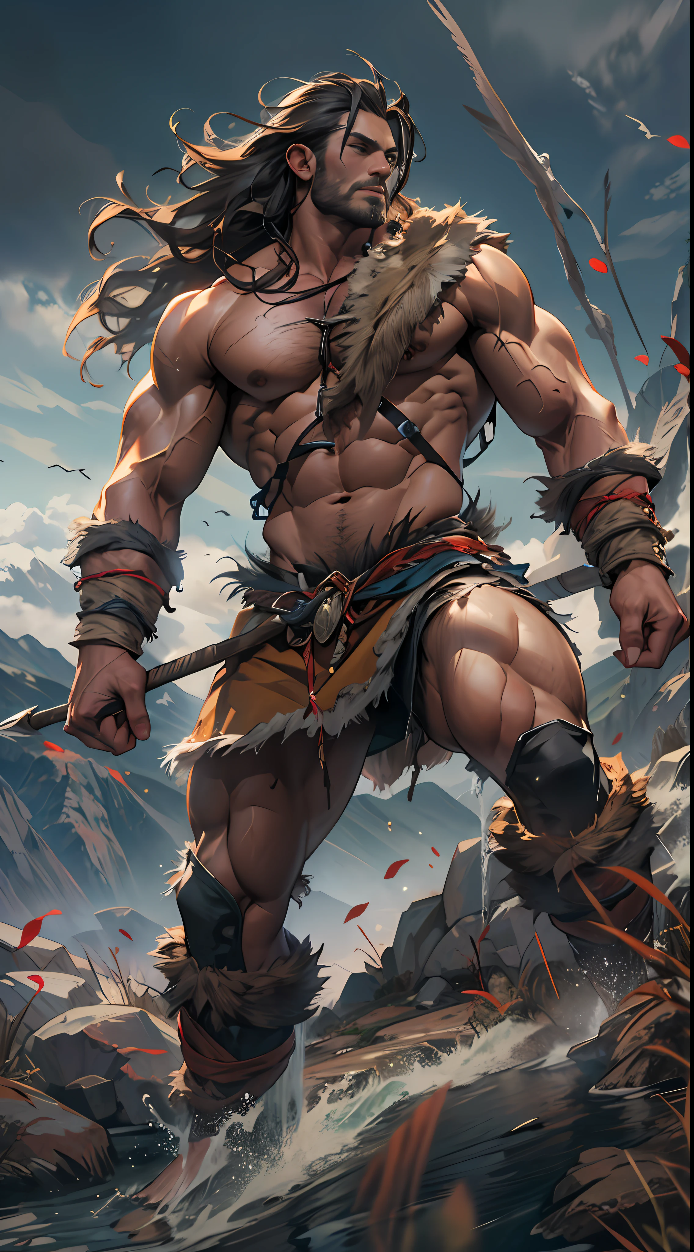 Muscular barbarian, upper body unclothed, legs uncovered from thighs to feet, flowing long curls, detailed muscular physique, lifelike representation, 4K resolution. Background: Wild untamed wilderness with rugged mountains,32k uhd, best quality, masterpiece, super detail, high details