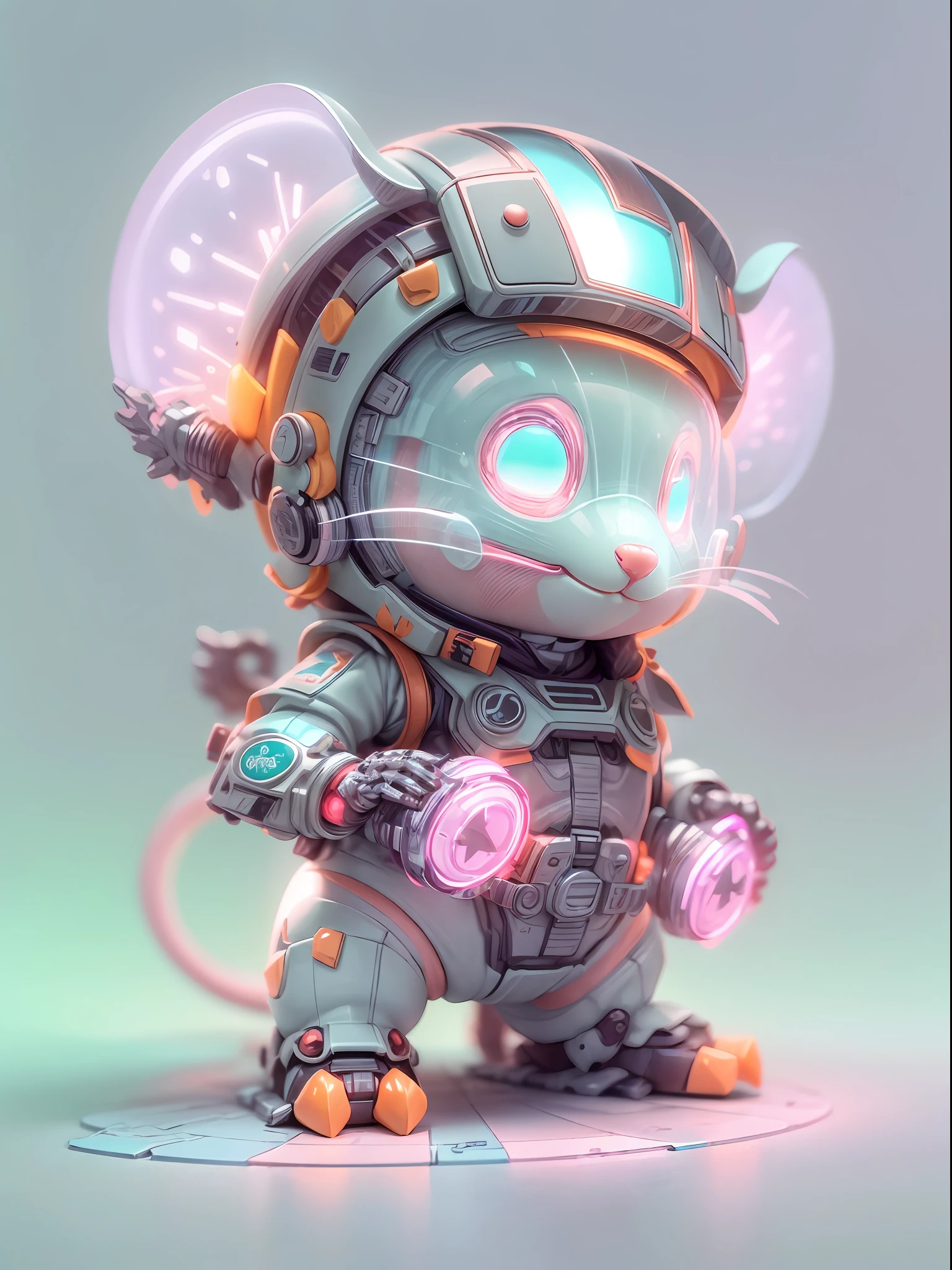 (blind box toy style:1.2), (Full Body Shot) , 1 Transparent cute rat, Transparent mecha, Exquisite Helmet:1.2, glowing goggles:1.2, Cyberpunk, Dreamy Glow, Luminous neon lamp, clean, white background, ( Global illumination, raytracing, HDR, unreal render,reasonable design, high detailed, masterpiece, best quality, UHD, Cinematic Lighting)