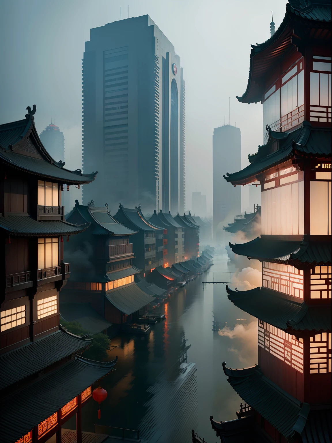 Cyberpunk-inspired Chinese architecture,Jiangnan Water Town,rained,A drizzle,rained,Gangnam architectural style,real and realistic,modernization,A theater by the pool next to the water,Chinese-style building,Modern Chinese loft building,classical,In a chic,large tall,towering,glorious,grand,Heavy building flying pavilion,Fine engraving,Famous Watchtower,Tasteful style,Complex structure,Soviet-style Chinese architecture,Cornices,Blue tiles,Gangnam Town,Smoke and rain,Heavy fog,Chinese-style houses,Blue tile white walls,Ancient building,Ancient buildings on both sides of the river,Stone,Stone arch bridge,