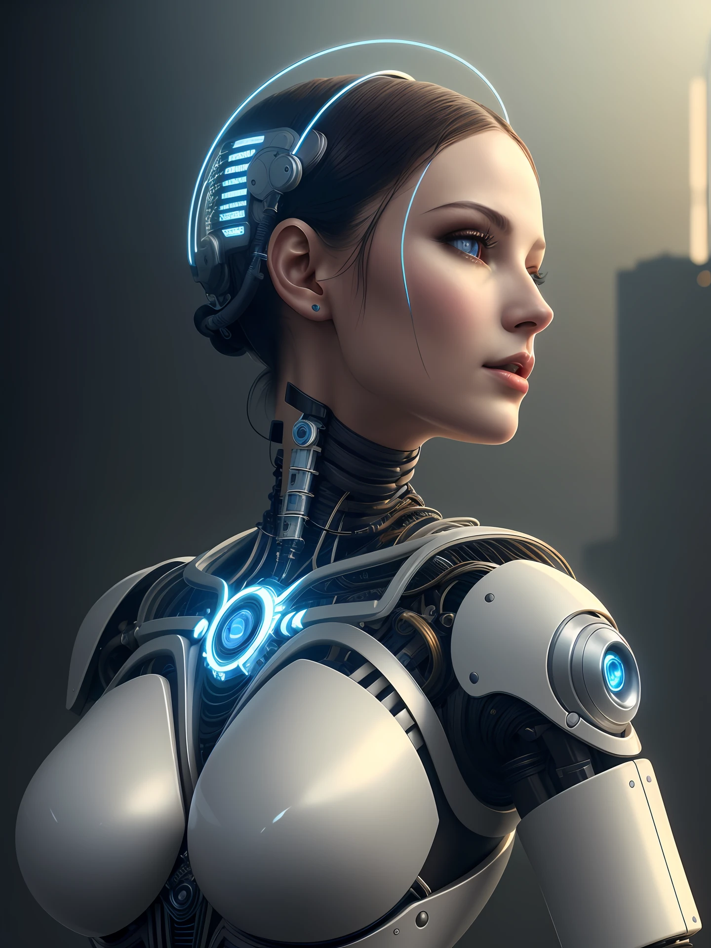 complex 3d render ultra detailed of a beautiful porcelain profile woman android face, full body, sitting, cyborg, robotic parts, 150 mm, beautiful studio soft light, rim light, vibrant details, luxurious cyberpunk, lace, hyperrealistic, anatomical, facial muscles, cable electric wires, microchip, elegant, beautiful background, octane render, H. R. Giger style, 8k, best quality, masterpiece, illustration, an extremely delicate and beautiful, extremely detailed ,CG ,unity ,wallpaper, (realistic, photo-realistic:1.37),Amazing, finely detail, masterpiece,best quality,official art, extremely detailed CG unity 8k wallpaper, absurdres, incredibly absurdres, robot, silver halmet,