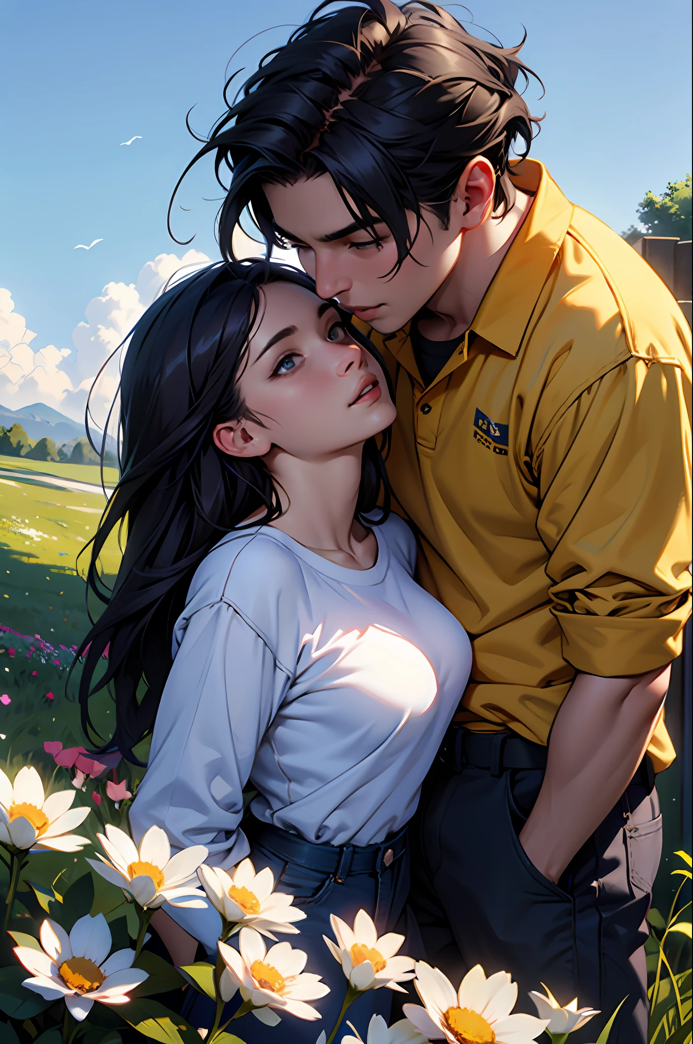 A boy and a girl, (lovers), on a hill full of flowers, under the blue sky, masterpiece, 8k, high resolution, popular on art station, ultra details, hyper realistic, professional lighting