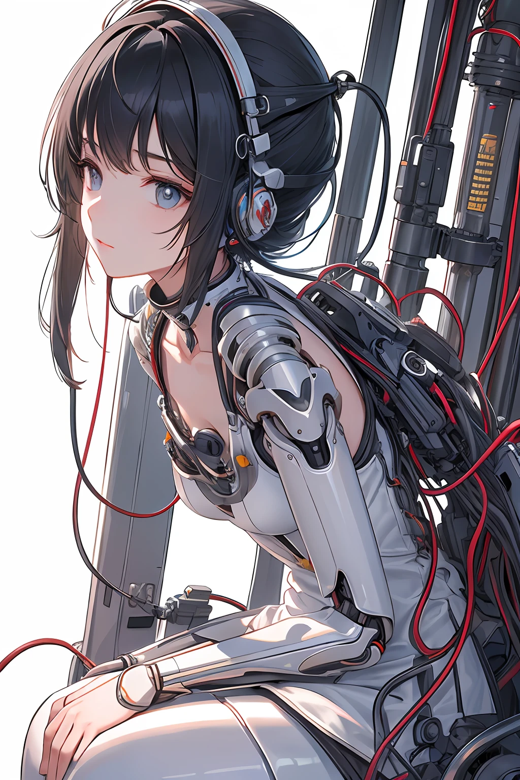 (((masterpiece)))、(((top-quality)))、((ultra-definition))、(High Definition CG Illustration)、((extremely delicate and beautiful))、(from side)、Cinematic light、 ((1 Mechanical Girl))、独奏、full bodyesbian、(Mechanical joint:1.2)、((Mechanical limbs))、(Cable connected to tube)、(Back-mounted mechanical spine)、((Neck-mounted mechanical cervical spine) ))、(sitting on)、deadpan、(Wires and cables attached to the neck:1.2)、(Head wires and cables:1.2)(charactor focus)、scientific fiction、A highly detailed、colourfull、The most detailed